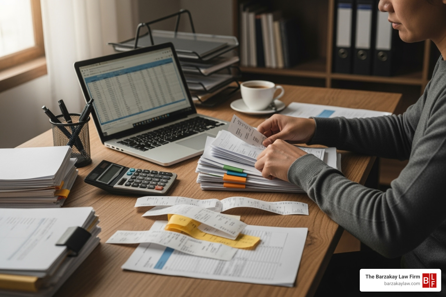 person organizing receipts and documents at a desk - lost wages lyft car accident