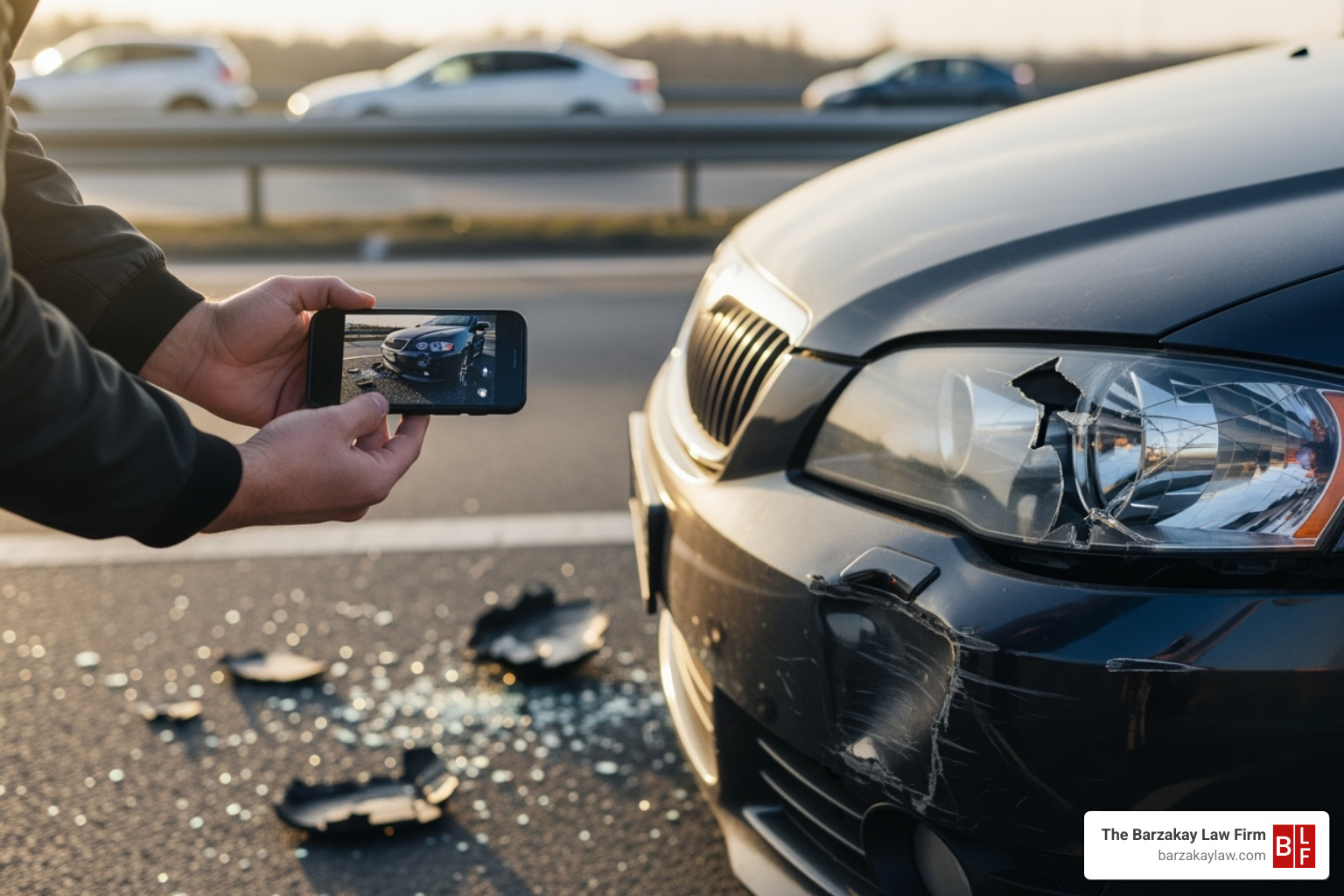 driver taking photos of car damage with their smartphone - lost wages lyft car accident