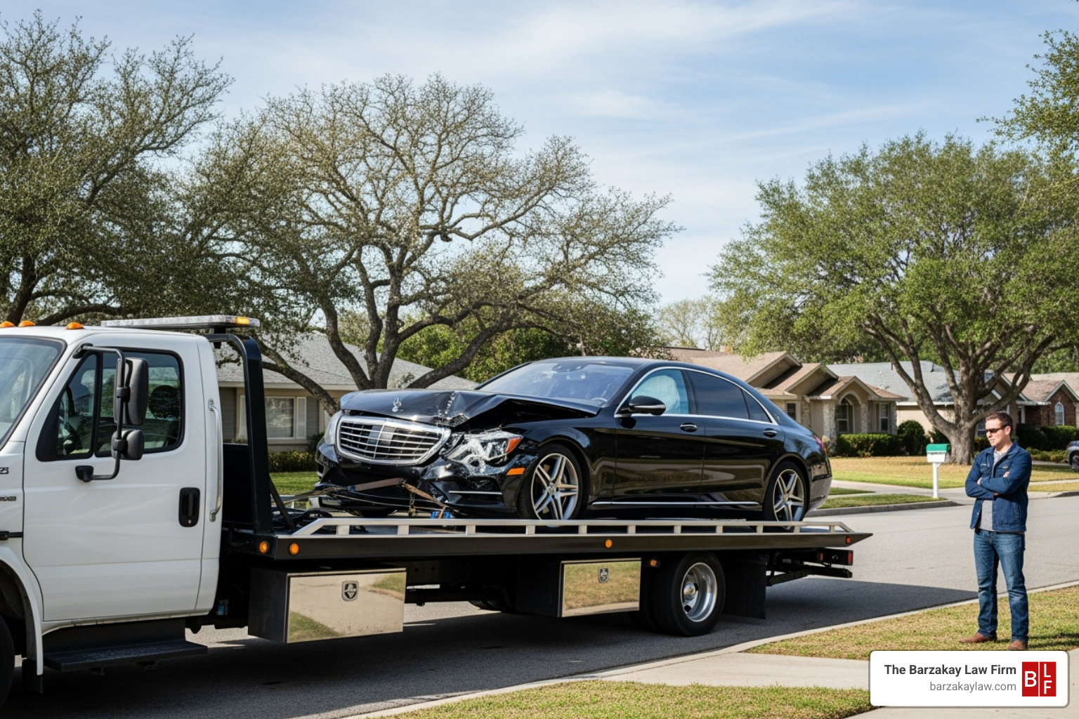 pristine but damaged car being towed away, with the driver watching - lost wages lyft car accident