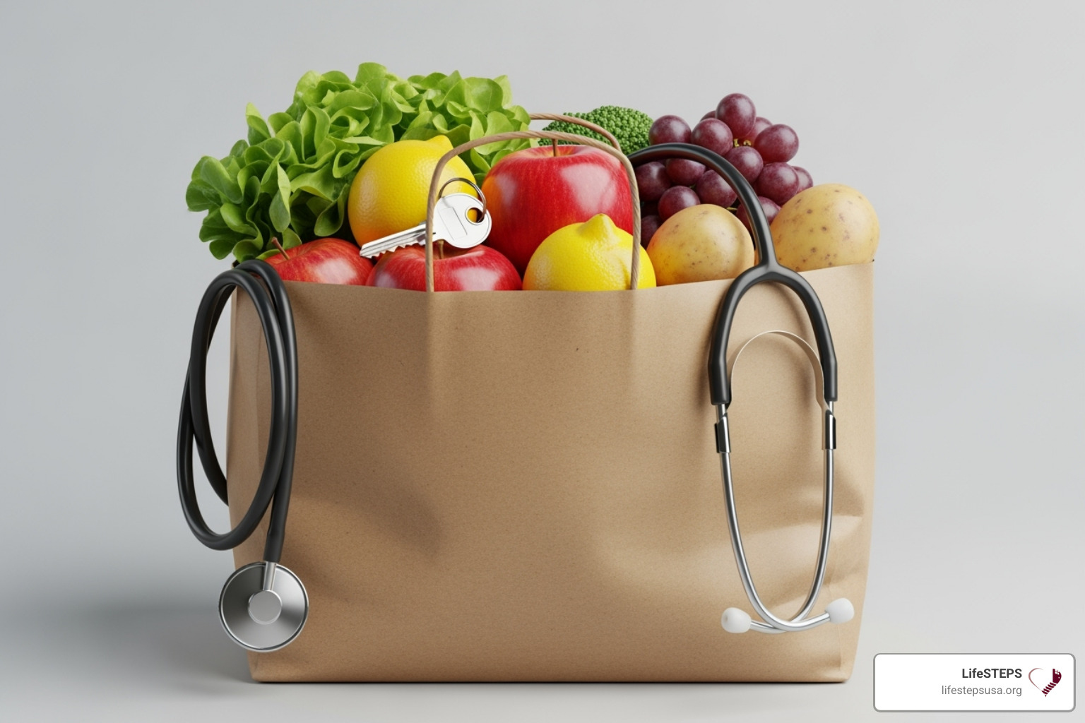 A grocery bag with fresh produce, a house key, and a stethoscope to represent food, housing, and health - california social services programs