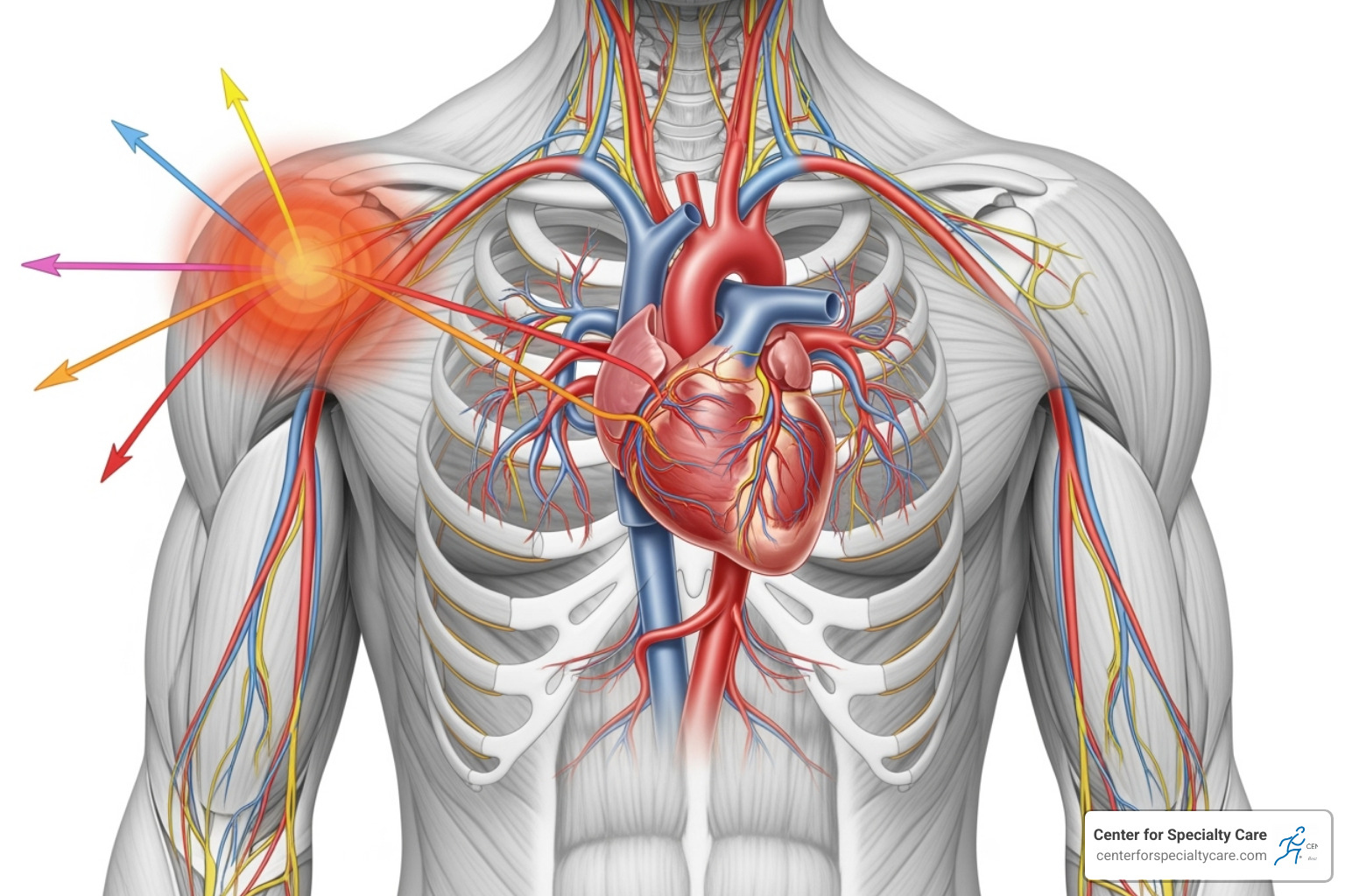 An image showing the heart and nerve pathways, illustrating how pain signals can be referred to the left shoulder and back - pain below left scapula An image showing the heart and nerve pathways, illustrating how pain signals can be referred to the left shoulder and back - pain below left scapula