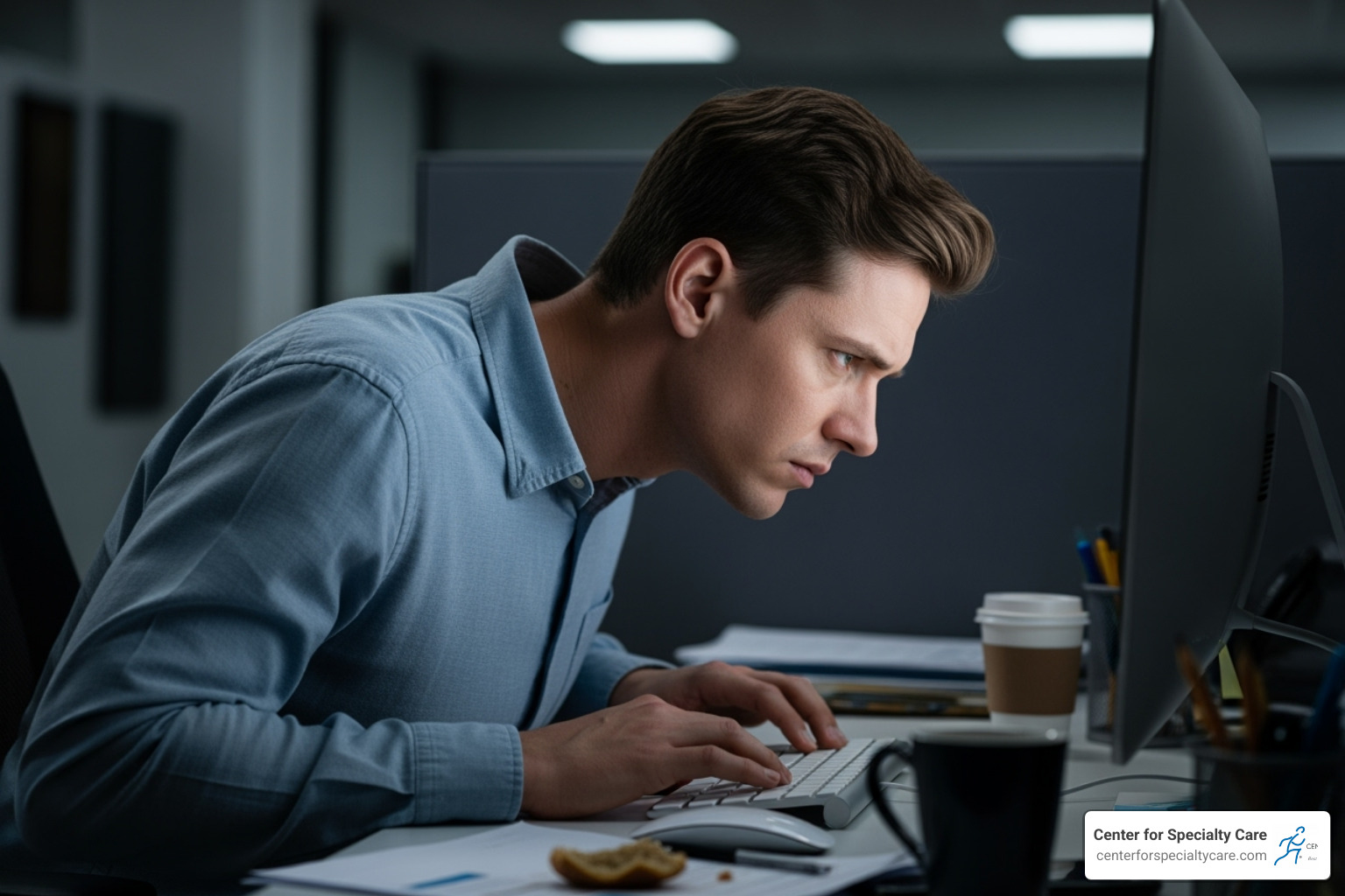 A person slouching at a desk, highlighting stress on the upper back and shoulders - pain below left scapula A person slouching at a desk, highlighting stress on the upper back and shoulders - pain below left scapula