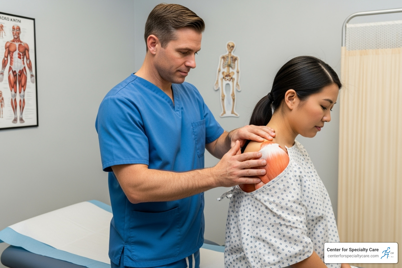 A doctor performing a physical exam on a patient's shoulder and back - pain below left scapula A doctor performing a physical exam on a patient's shoulder and back - pain below left scapula