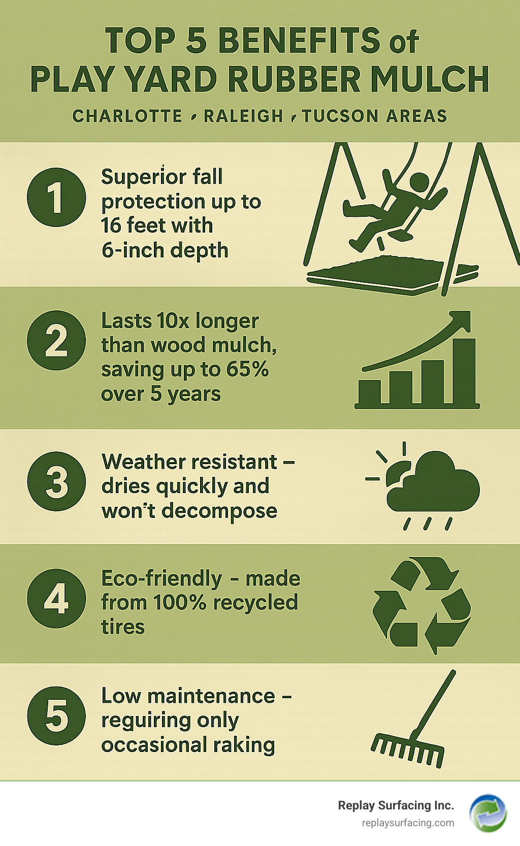 Infographic showing the top 5 benefits of rubber mulch: 1) Superior fall protection up to 16 feet with 6-inch depth, 2) Lasts 10x longer than wood mulch saving up to 65% over 5 years, 3) Weather resistant - dries quickly and won't decompose, 4) Eco-friendly made from 100% recycled tires, 5) Low maintenance requiring only occasional raking, specifically highlighting applications in Charlotte, Raleigh, Tucson and other Replay Surfacing service areas - rubber mulch charlotte nc infographic 