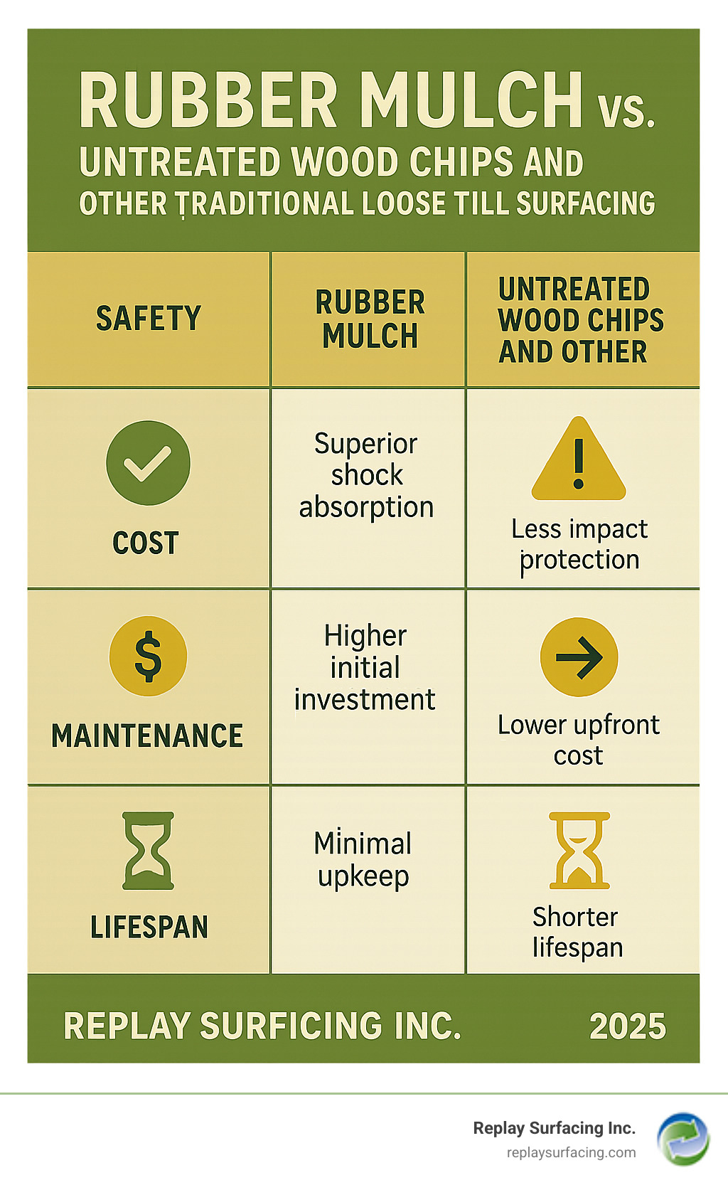 Table comparing Rubber Mulch to untreated wood chips and other traditional loose-fill surfacing on safety, cost, maintenance, and lifespan, with a focus on Replay Surfacing Inc.'s solutions in their service areas. - rubber mulch charlotte nc infographic 