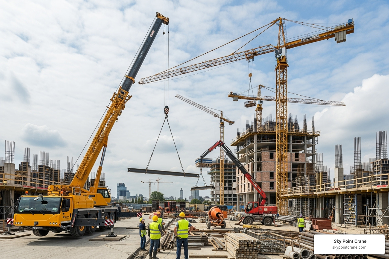 Various types of industrial cranes in action on different construction sites - industrial crane rental