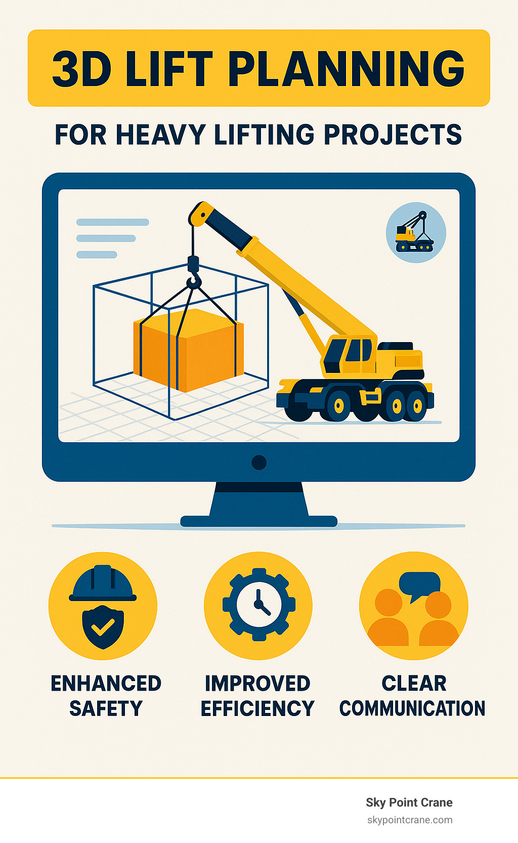 Infographic detailing the process and benefits of 3D Lift Planning for heavy lifting projects, including improved safety, efficiency, and clear communication - industrial crane rental infographic 