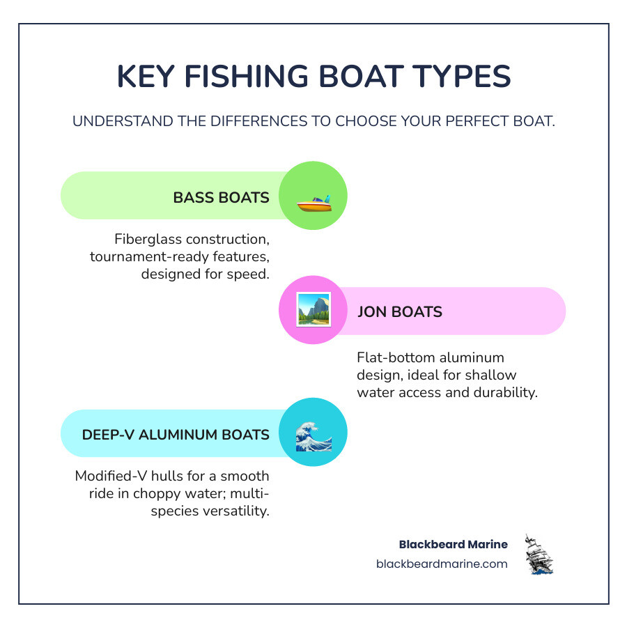 Infographic showing the key differences between Bass Boats featuring fiberglass construction and tournament-ready features, Jon Boats with flat-bottom aluminum design for shallow water access, and Deep-V Aluminum boats with modified-V hulls for smooth rides in choppy water - fishing boat manufacturer near branson missouri infographic infographic-line-3-steps-colors