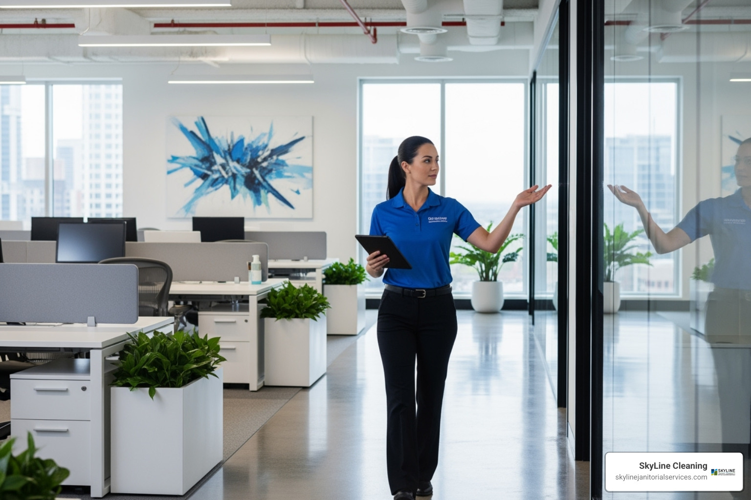 cleaning professional conducting a walkthrough of a commercial space - cleaning company looking for contracts