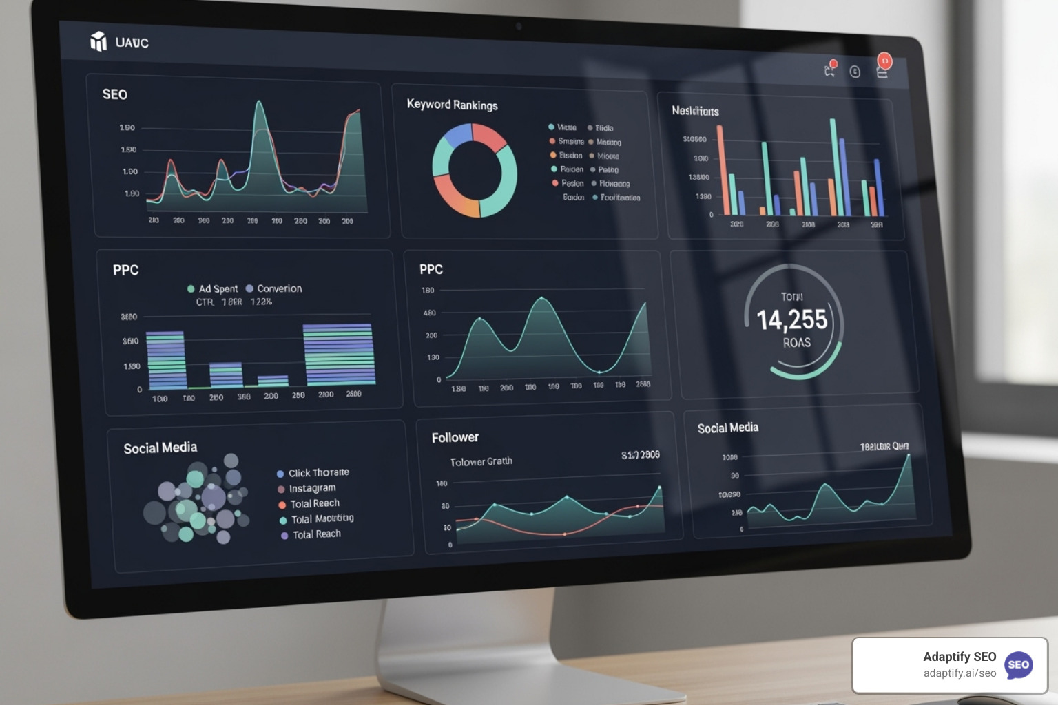 Dashboard with multiple data source widgets (e.g., SEO, PPC, Social) - White label reporting tool