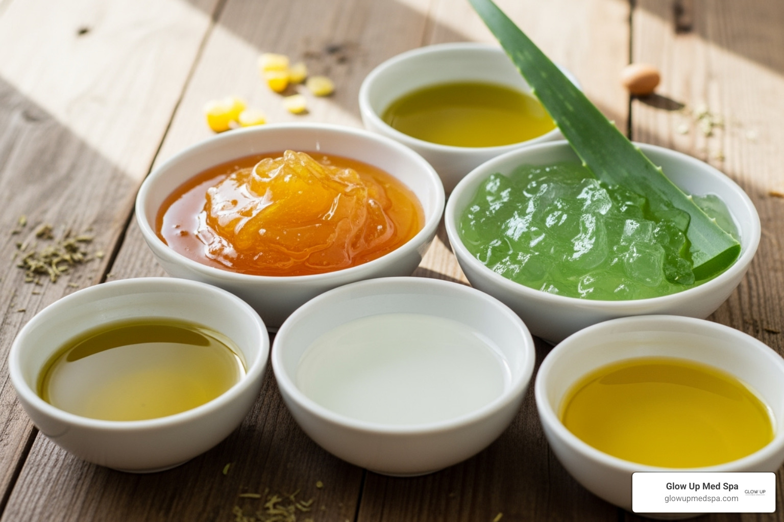 natural ingredients like honey, aloe vera, and oils in bowls - holistic wrinkle remedies