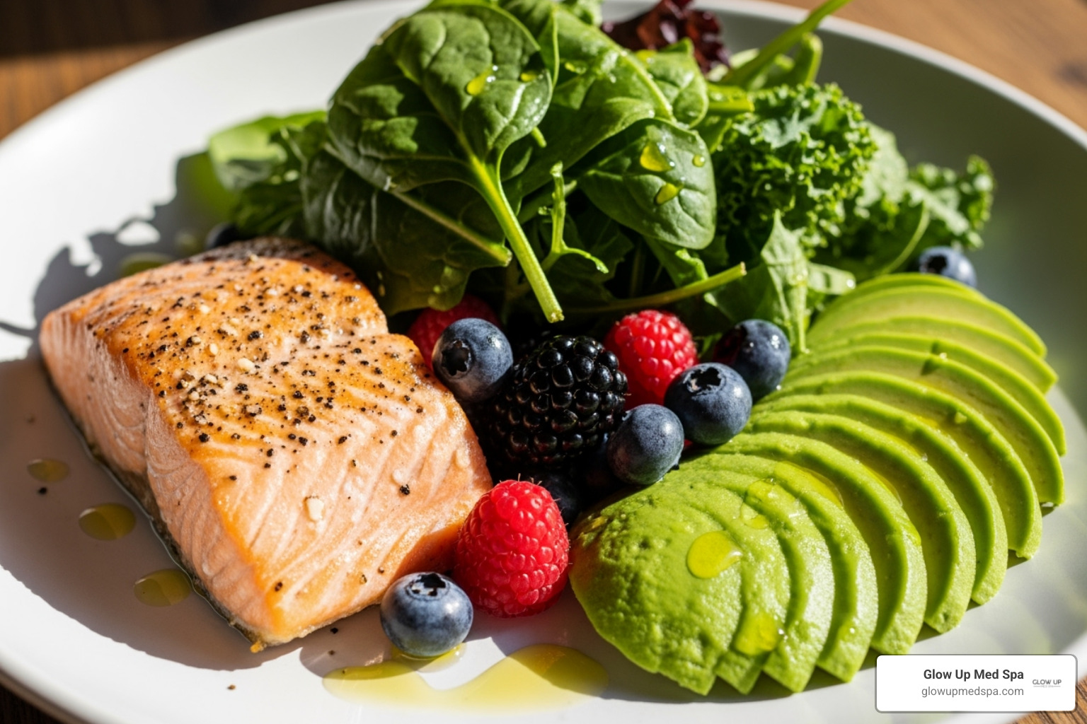 colorful plate with salmon, avocados, berries, and leafy greens - holistic wrinkle remedies