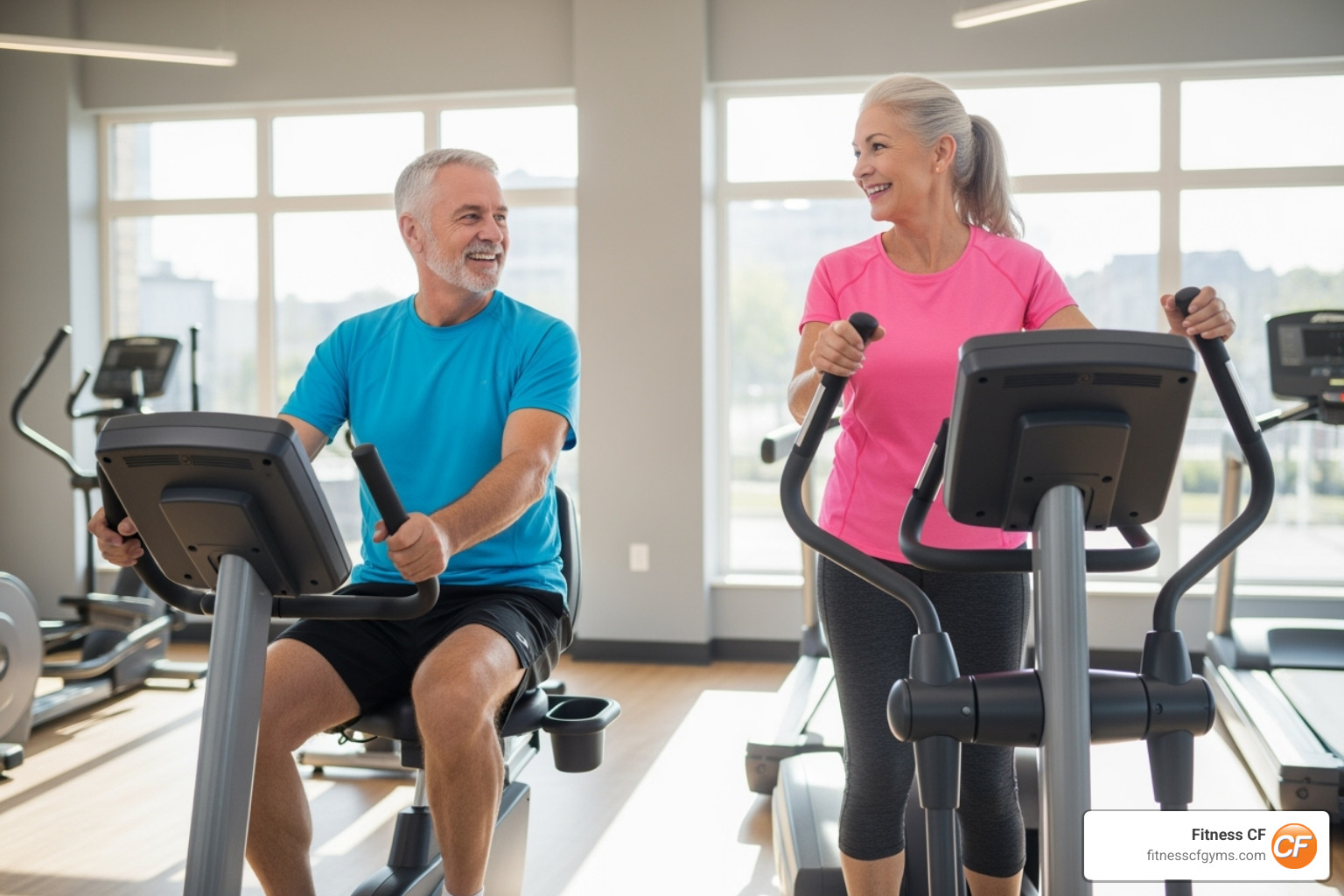 two seniors smiling while using light exercise equipment - gyms in orlando