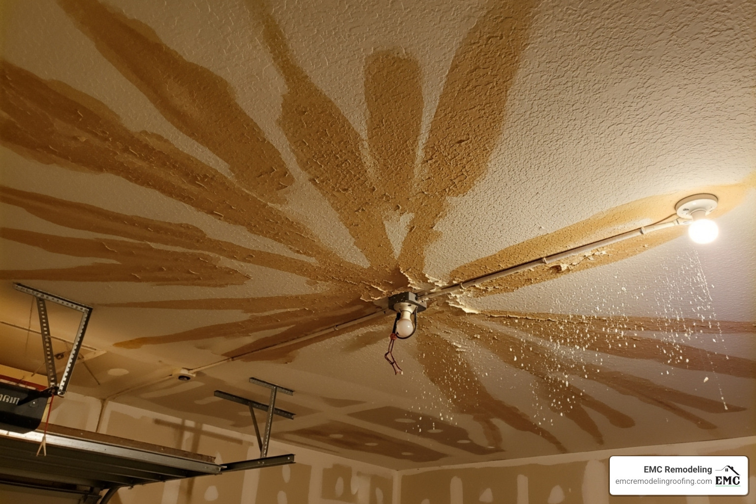 water stains spreading across a garage ceiling - garage roof repair near me