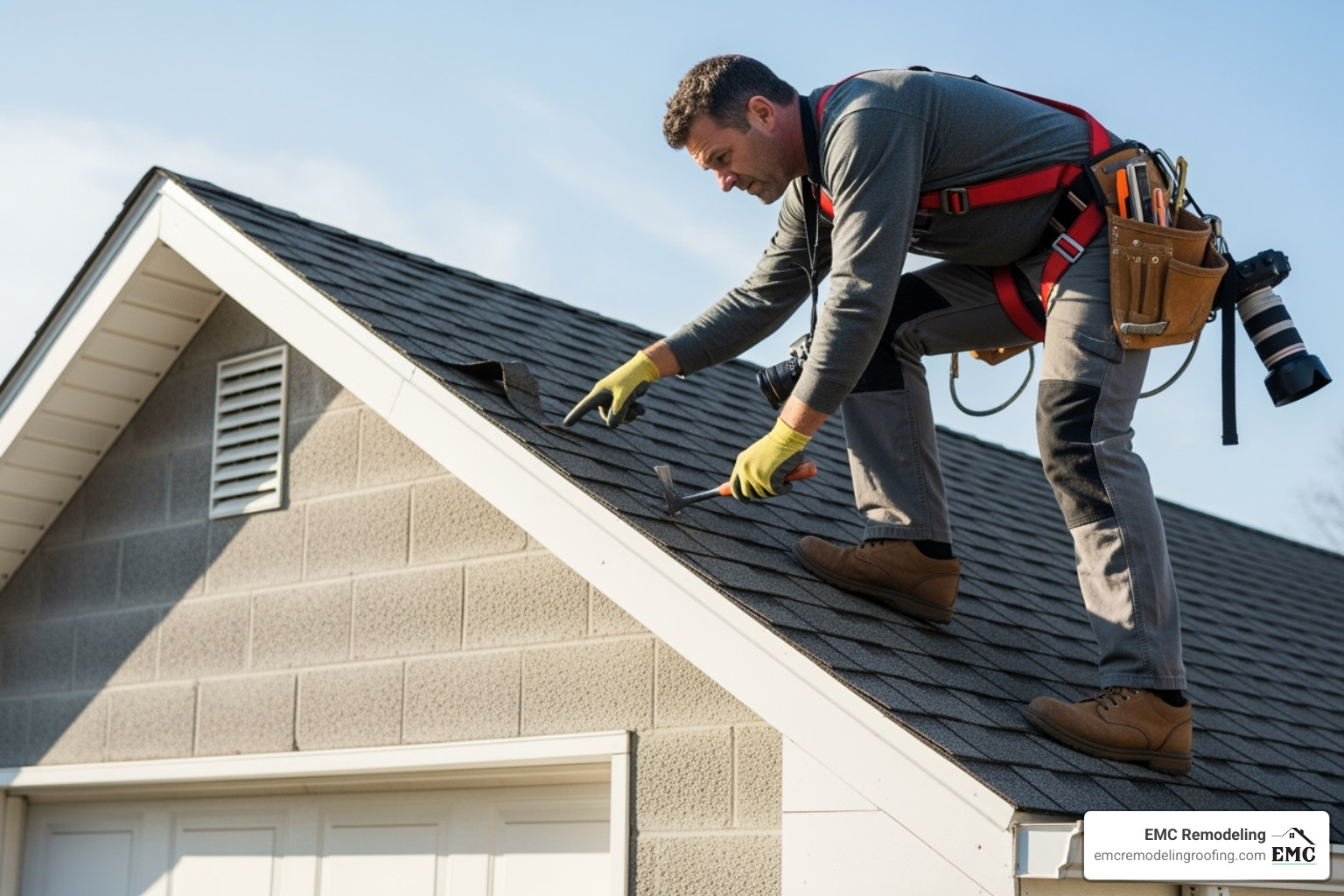 professional roofer inspecting a garage roof - garage roof repair near me