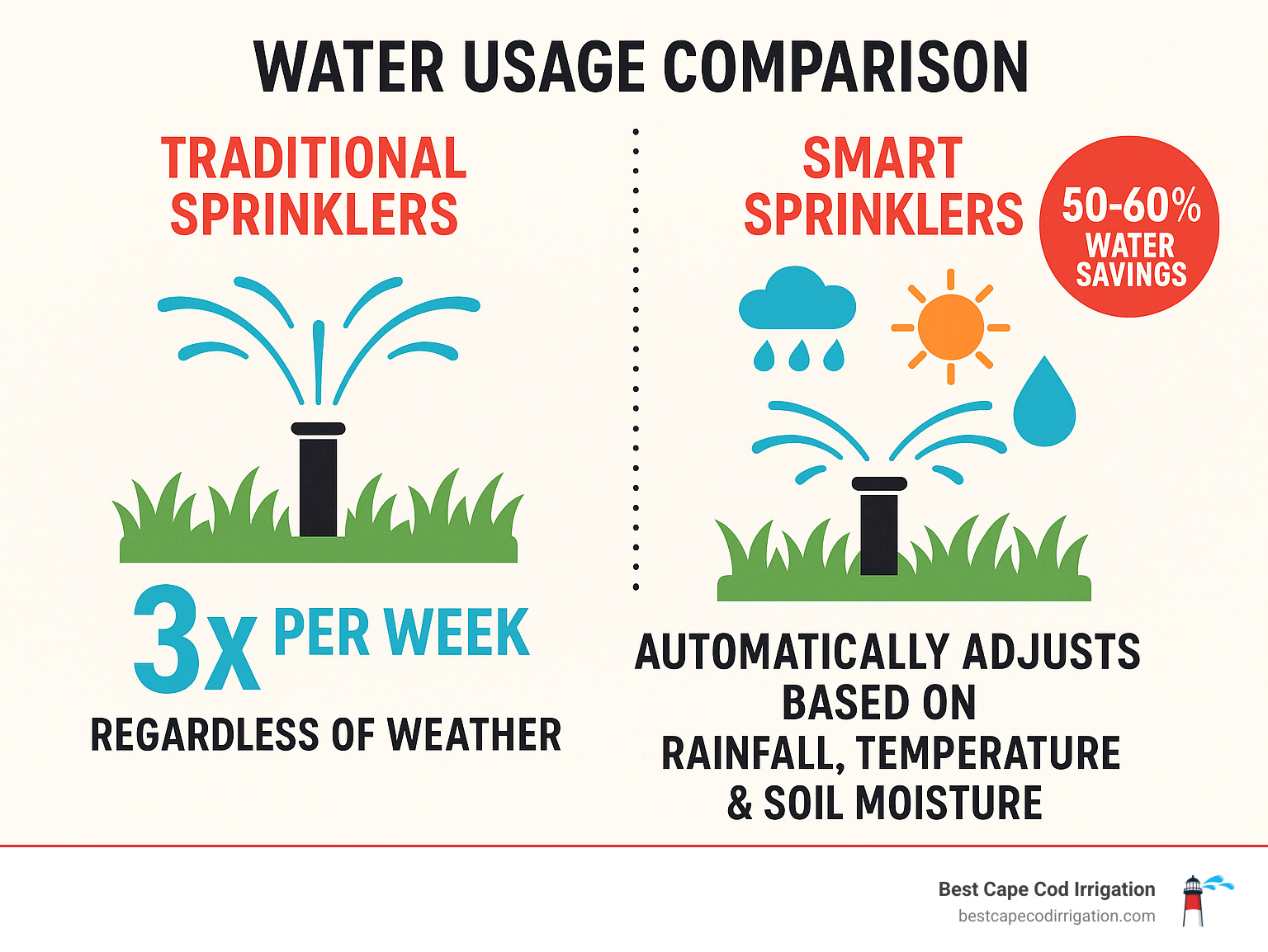 Infographic showing water usage comparison between traditional sprinklers watering 3 times per week regardless of weather versus smart sprinklers that automatically adjust based on rainfall, temperature, and soil moisture, resulting in 50-60% water savings - smarter sprinklers infographic 