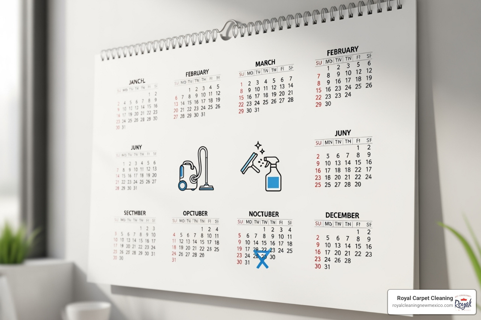 calendar with a vacuum and professional cleaning icon marked every 6 months - pet safe carpet cleaning