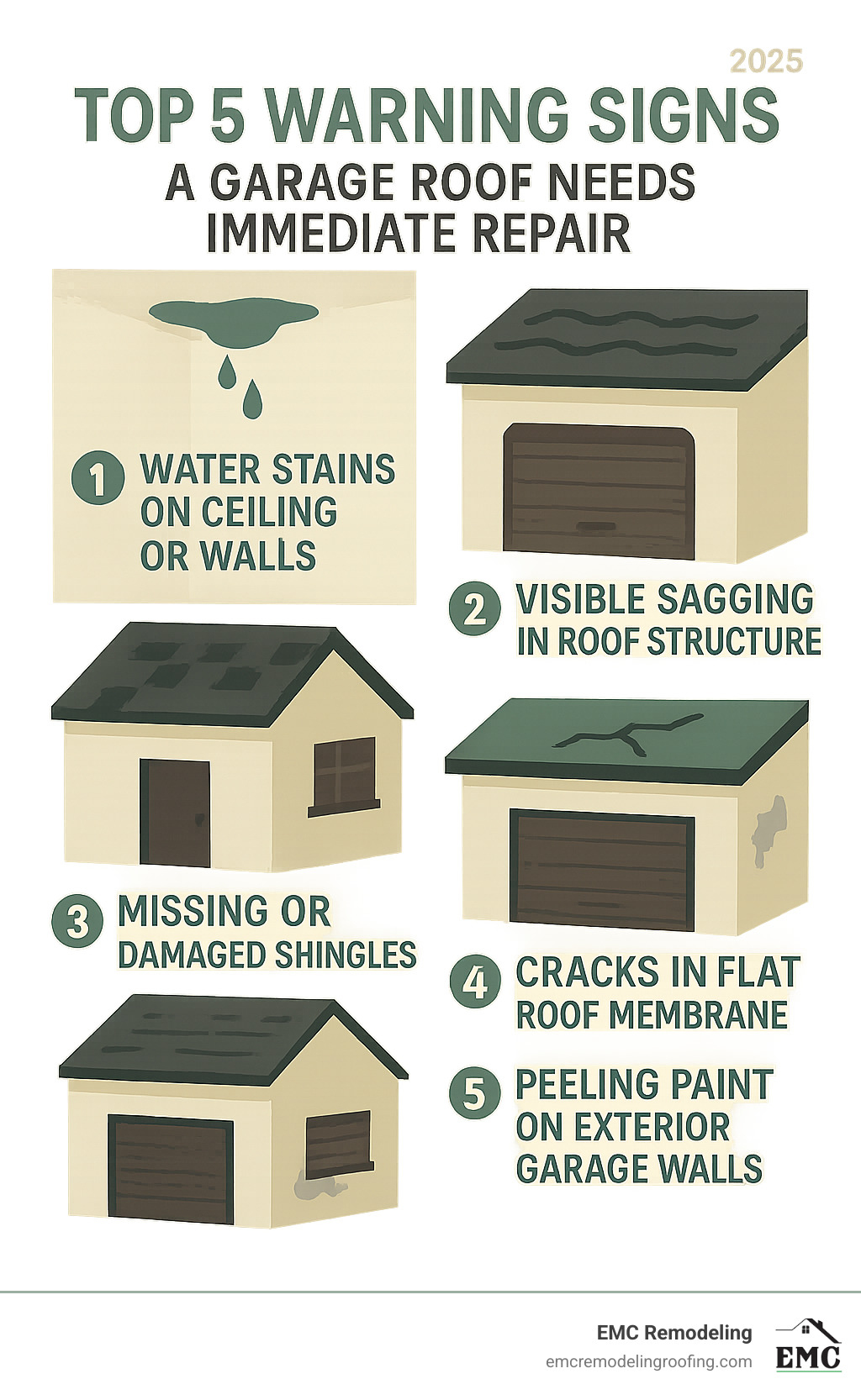 Infographic showing the top 5 warning signs a garage roof needs immediate repair: water stains on ceiling or walls, visible sagging in roof structure, missing or damaged shingles, cracks in flat roof membrane, and peeling paint on exterior garage walls - garage roof repair near me infographic 