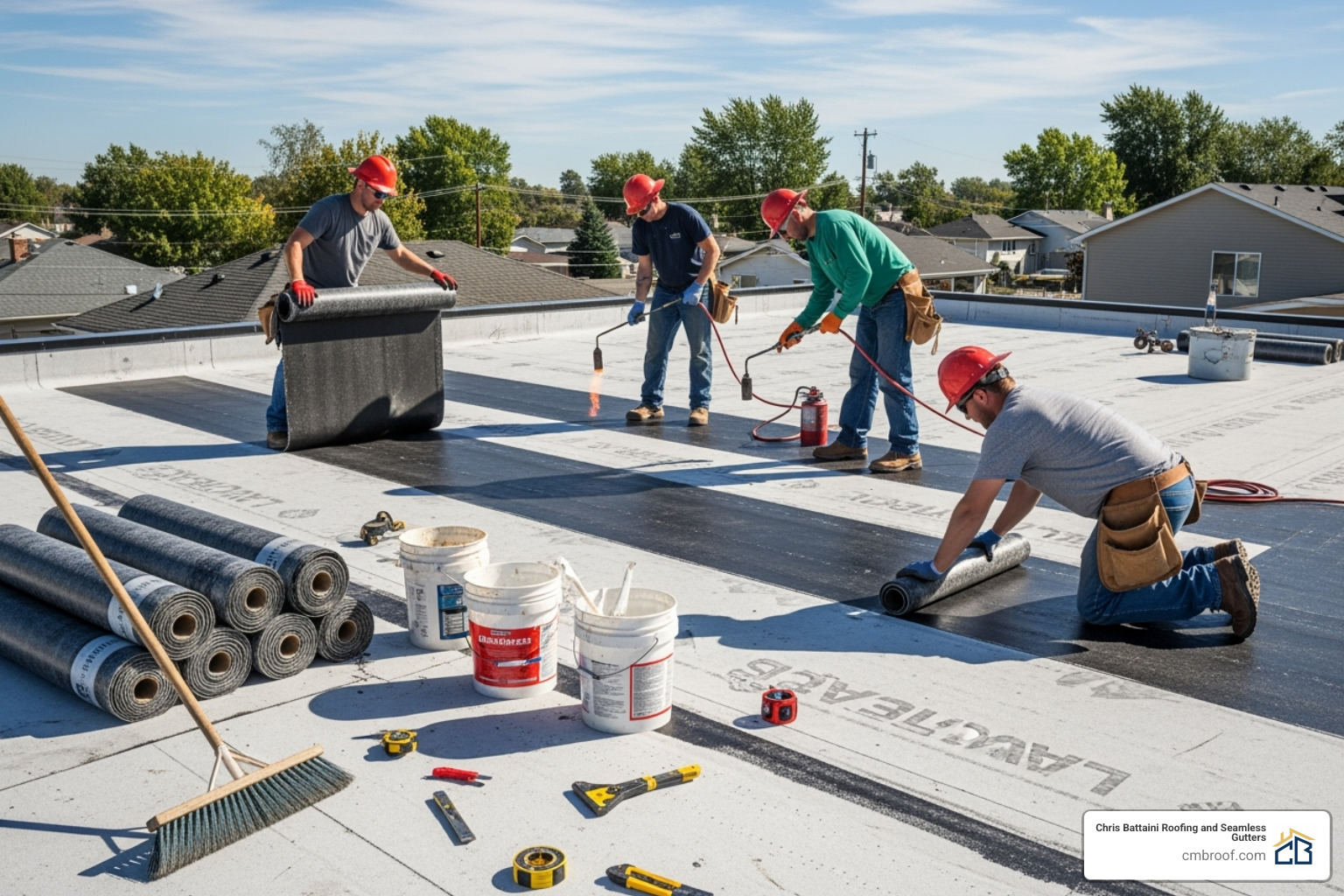 professional roofing crew working on a residential flat roof - residential flat roof replacement