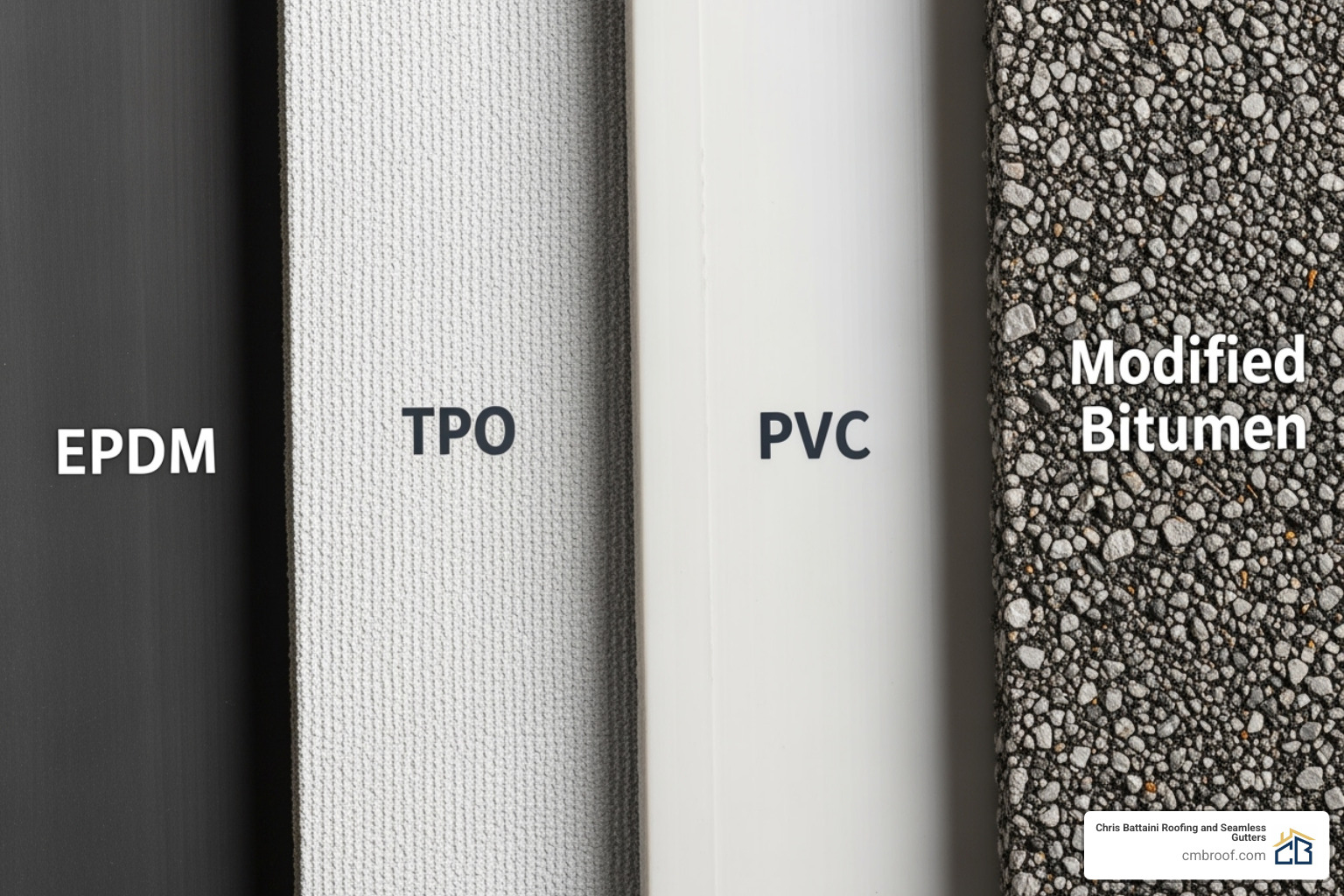 side-by-side samples of EPDM, TPO, PVC, and Modified Bitumen roofing materials - residential flat roof replacement