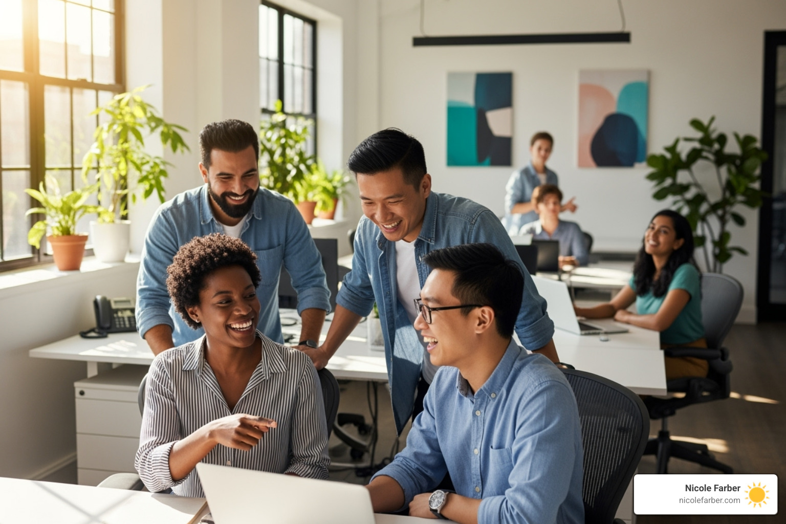 Image of a collaborative team working in a positive environment - Business leadership advice