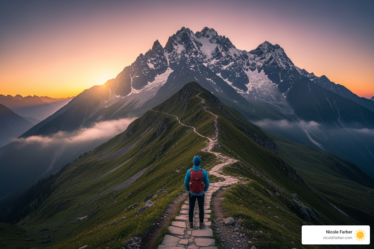 Image of a person looking at a path leading up a mountain, symbolizing the leadership journey - Business leadership advice