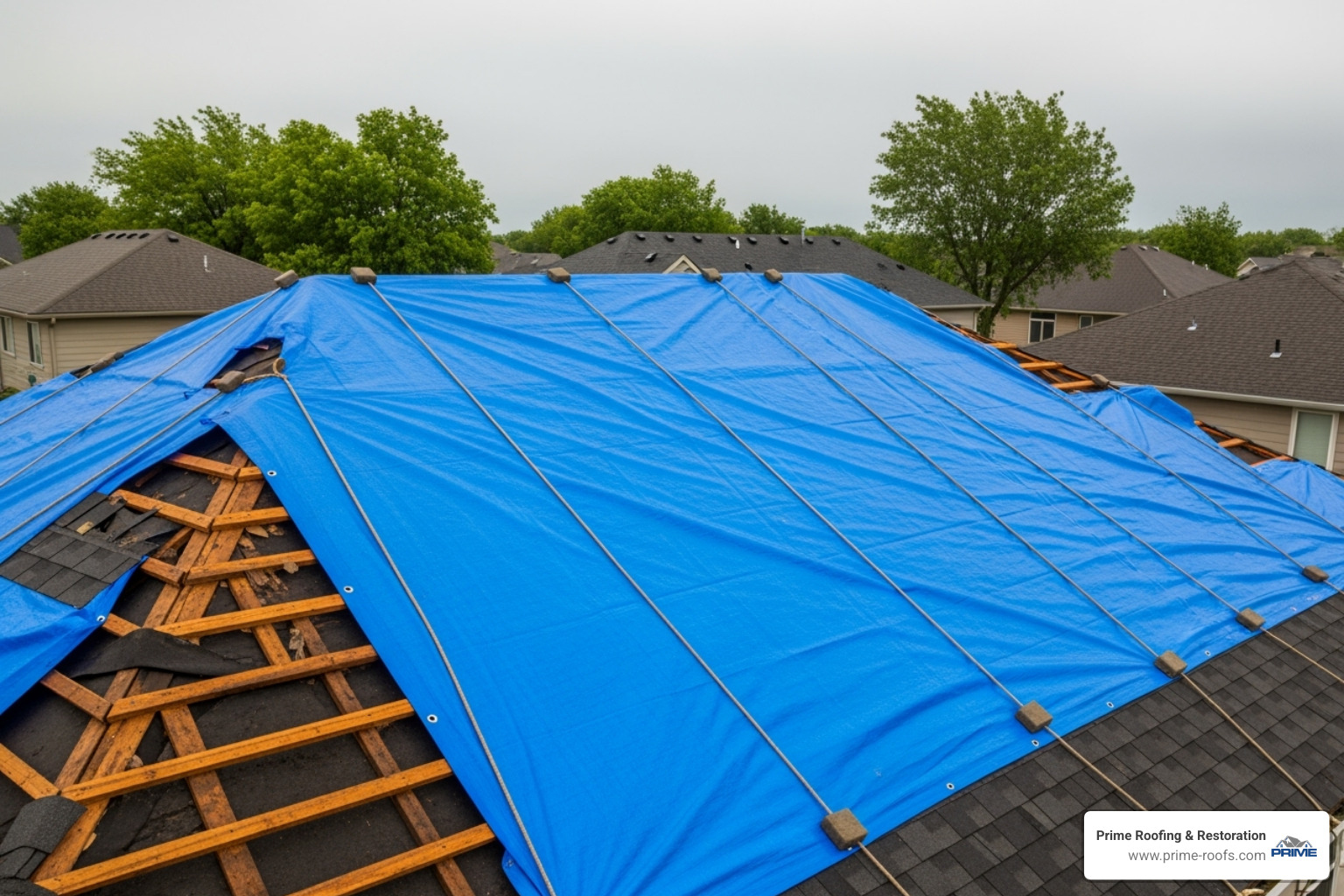 of a roof being safely tarped after a storm - Damaged roof repair