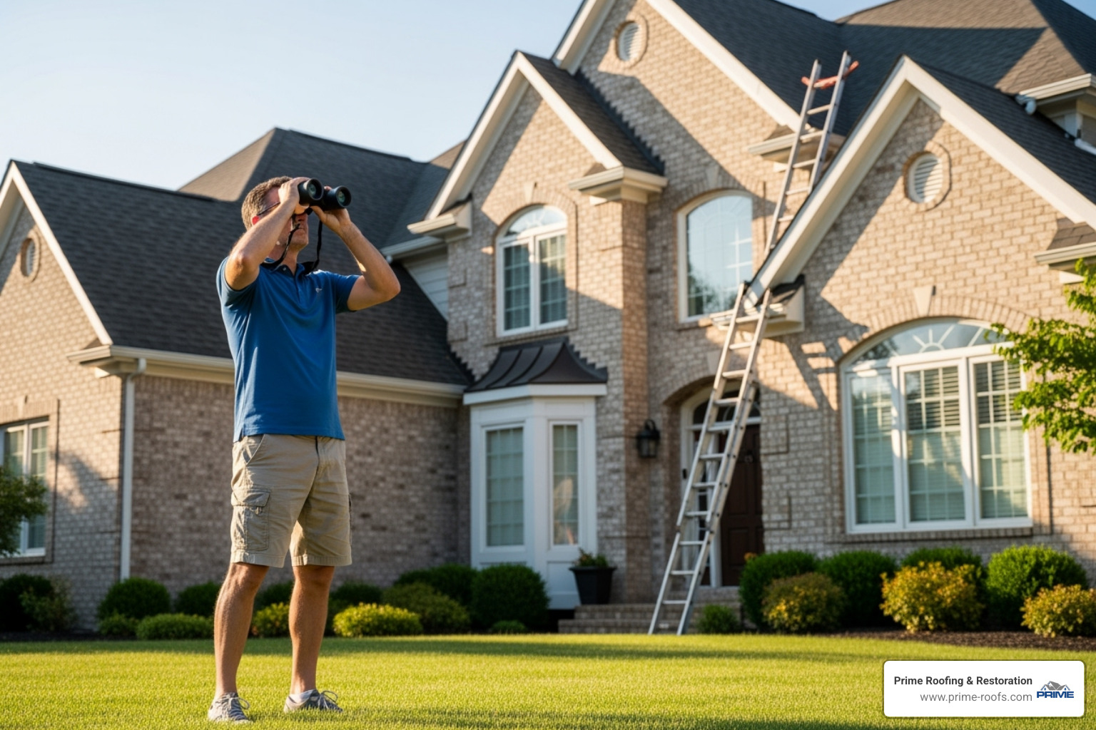 of a homeowner safely inspecting their roof from the ground with binoculars. - Damaged roof repair
