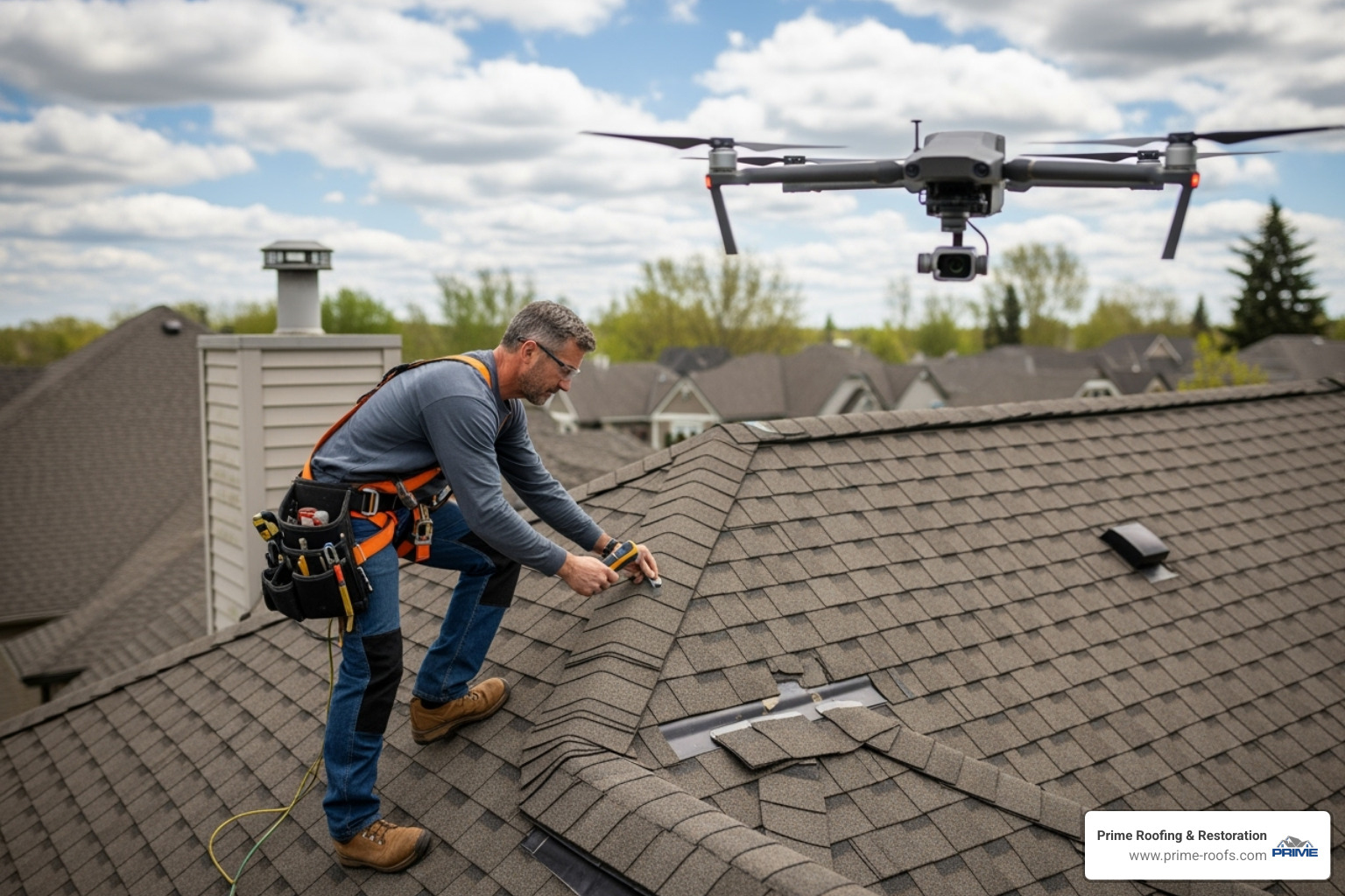 of a professional roofer inspecting a roof with specialized equipment - Damaged roof repair