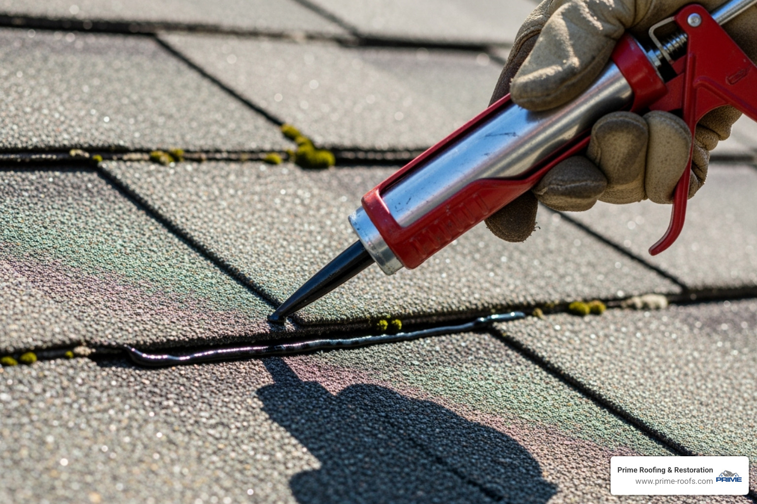 of a person applying roofing sealant to a small crack on a shingle - Damaged roof repair