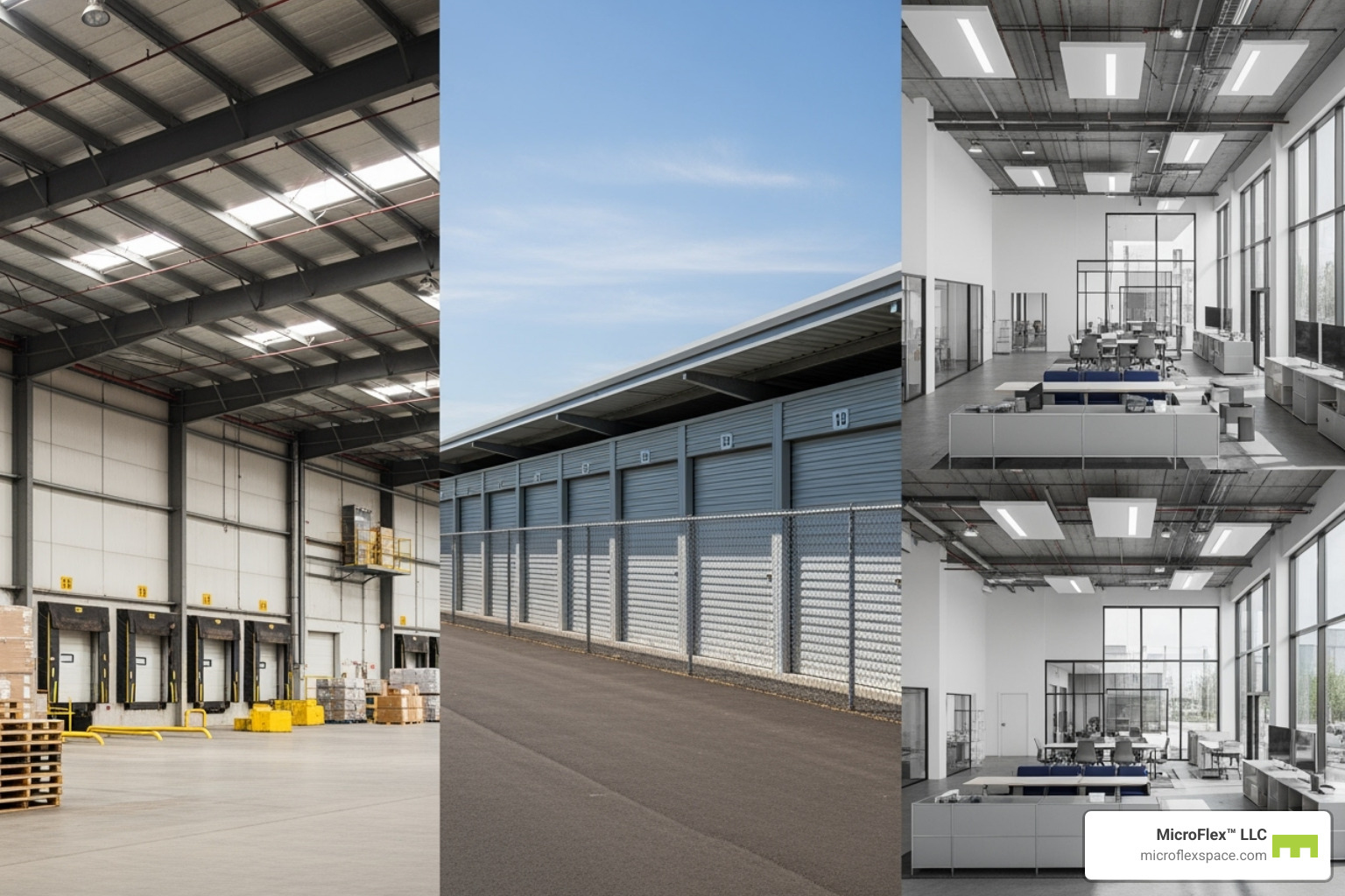 image showing a side-by-side of a traditional warehouse, a self-storage unit, and a flexible multi-use space - storage warehouse for lease image showing a side-by-side of a traditional warehouse, a self-storage unit, and a flexible multi-use space - storage warehouse for lease