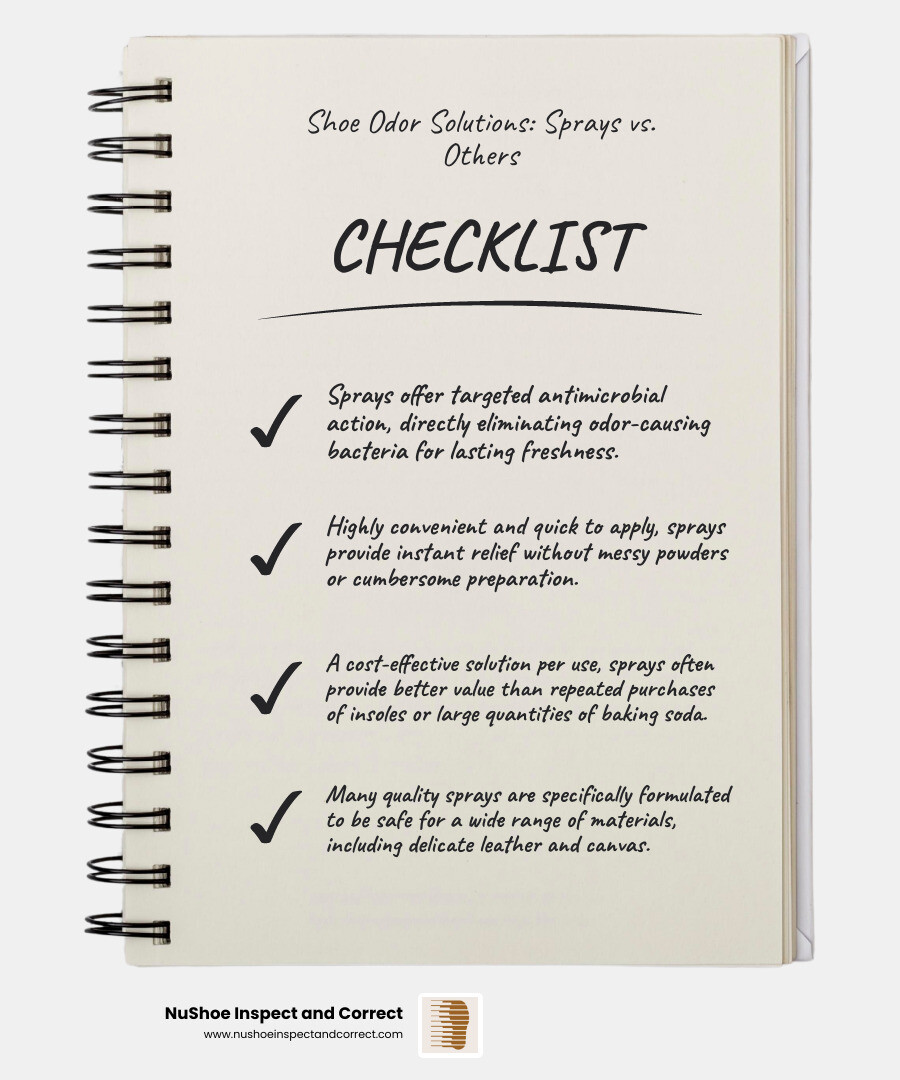 comparison table of shoe odor removal methods - shoes spray deodorant infographic checklist-notebook