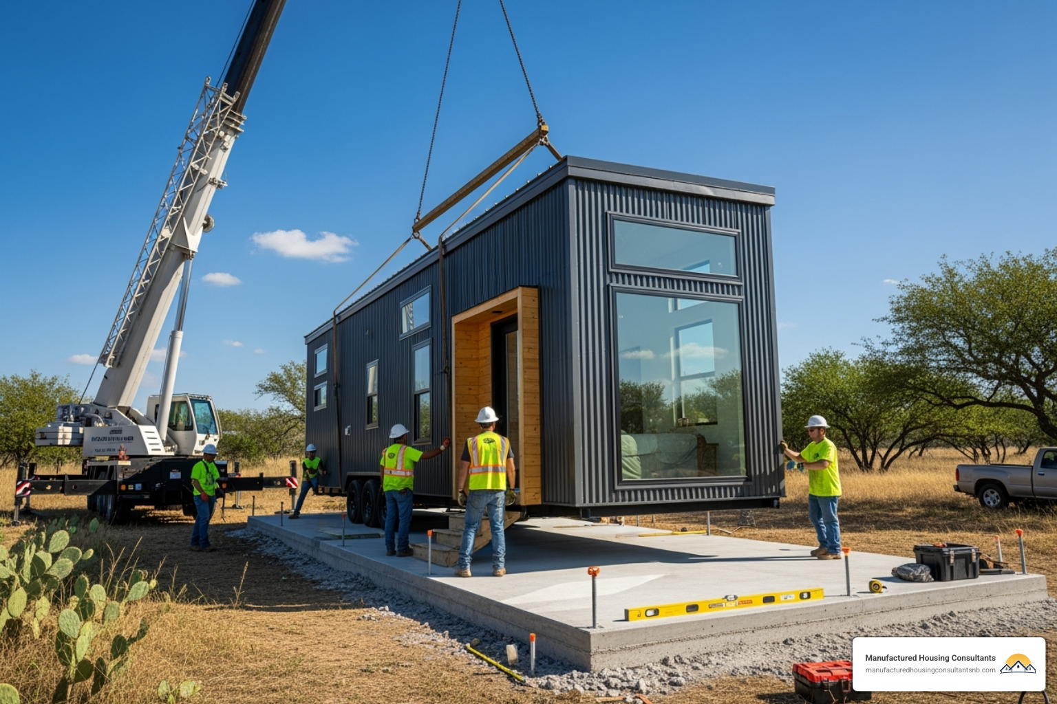 manufactured tiny home being installed on a permanent site - Tiny home construction cost