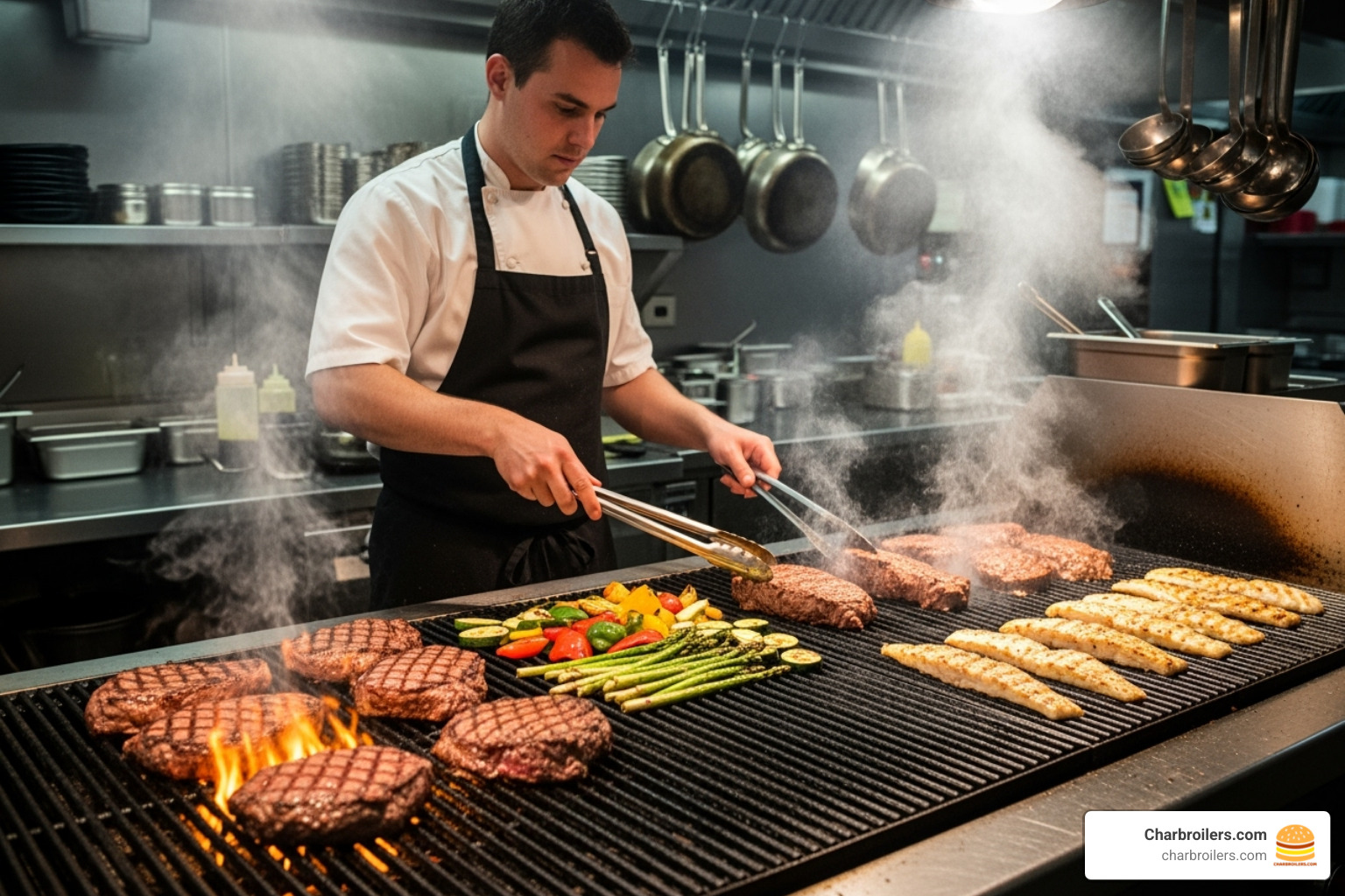 chef managing different foods across various heat zones on a charbroiler - how to cook on a charbroiler commercial chef managing different foods across various heat zones on a charbroiler - how to cook on a charbroiler commercial
