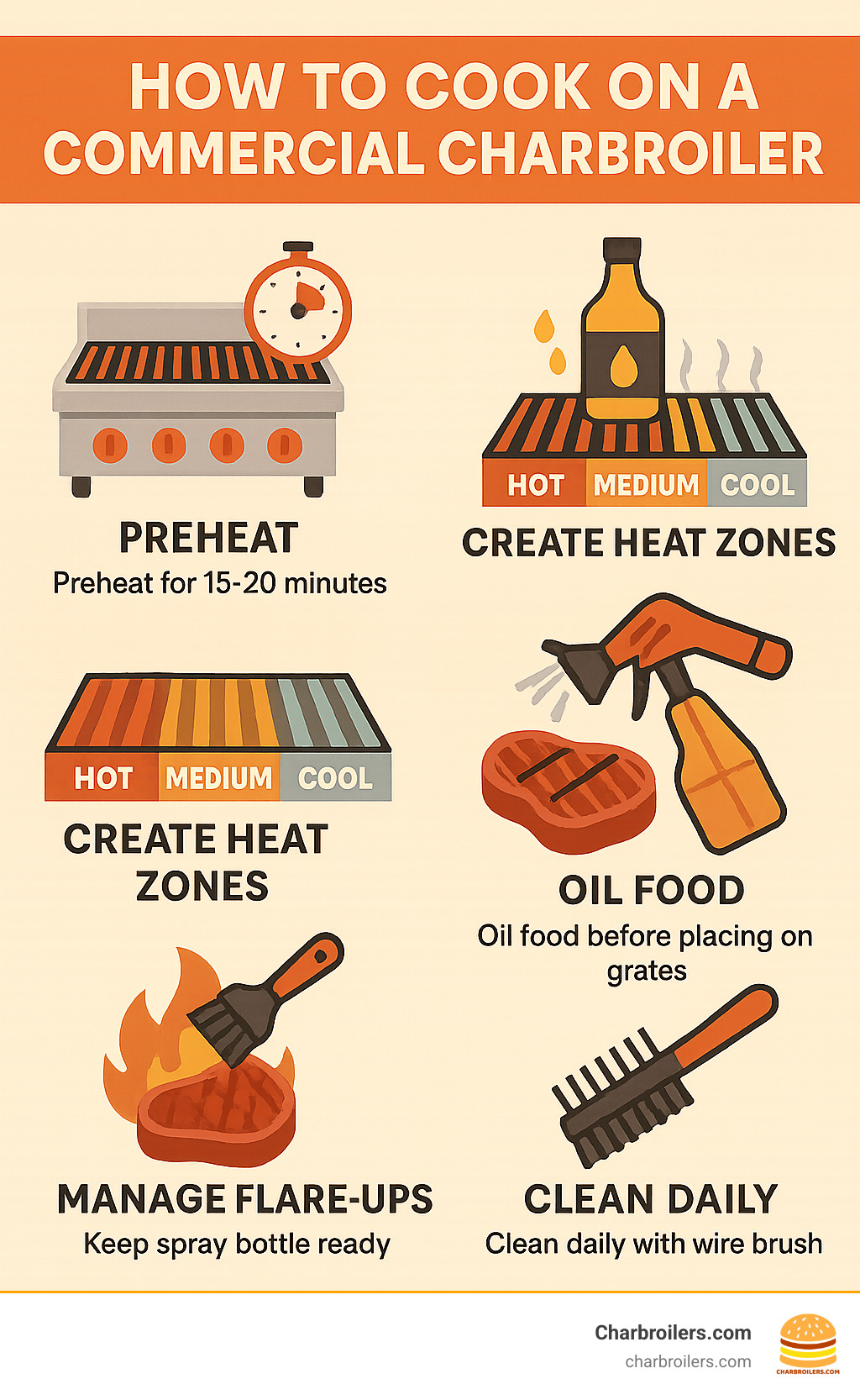 Commercial charbroiler cooking process infographic showing preheating steps, heat zone management, food placement techniques, flare-up control methods, and daily maintenance requirements for optimal performance and food quality - how to cook on a charbroiler commercial infographic Commercial charbroiler cooking process infographic showing preheating steps, heat zone management, food placement techniques, flare-up control methods, and daily maintenance requirements for optimal performance and food quality - how to cook on a charbroiler commercial infographic