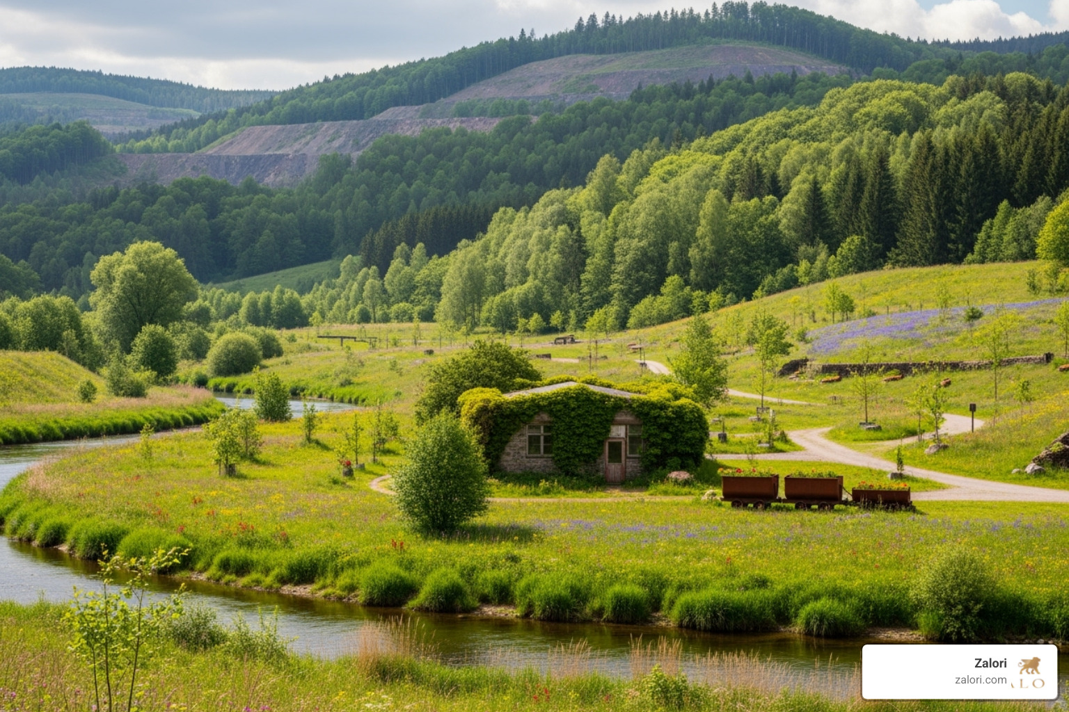 A reclaimed and re-greened mining area, showing efforts to restore the landscape after diamond extraction - Ethically sourced diamonds A reclaimed and re-greened mining area, showing efforts to restore the landscape after diamond extraction - Ethically sourced diamonds