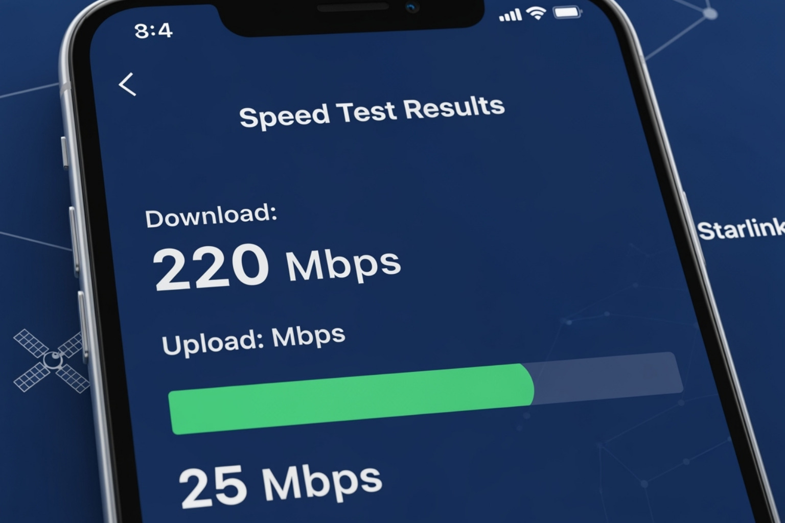 Starlink app's speed test results screen showing high download speeds - starlink app download