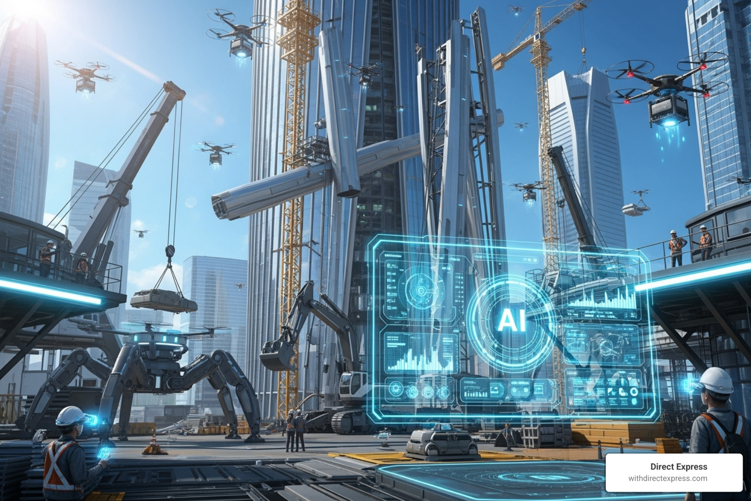 A futuristic construction site with drones hovering, robotic machinery operating, and an AI-driven analytics dashboard displayed holographically, all under a clear blue sky - construction project software solutions A futuristic construction site with drones hovering, robotic machinery operating, and an AI-driven analytics dashboard displayed holographically, all under a clear blue sky - construction project software solutions