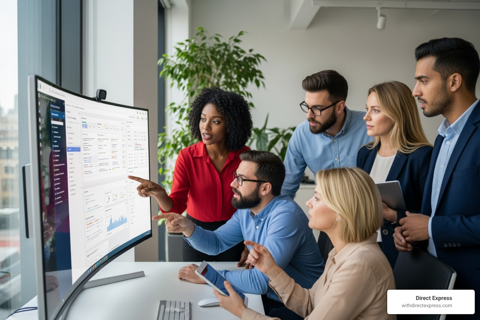 A diverse team collaborates around a computer screen, evaluating software features and discussing user interface design - construction project software solutions A diverse team collaborates around a computer screen, evaluating software features and discussing user interface design - construction project software solutions