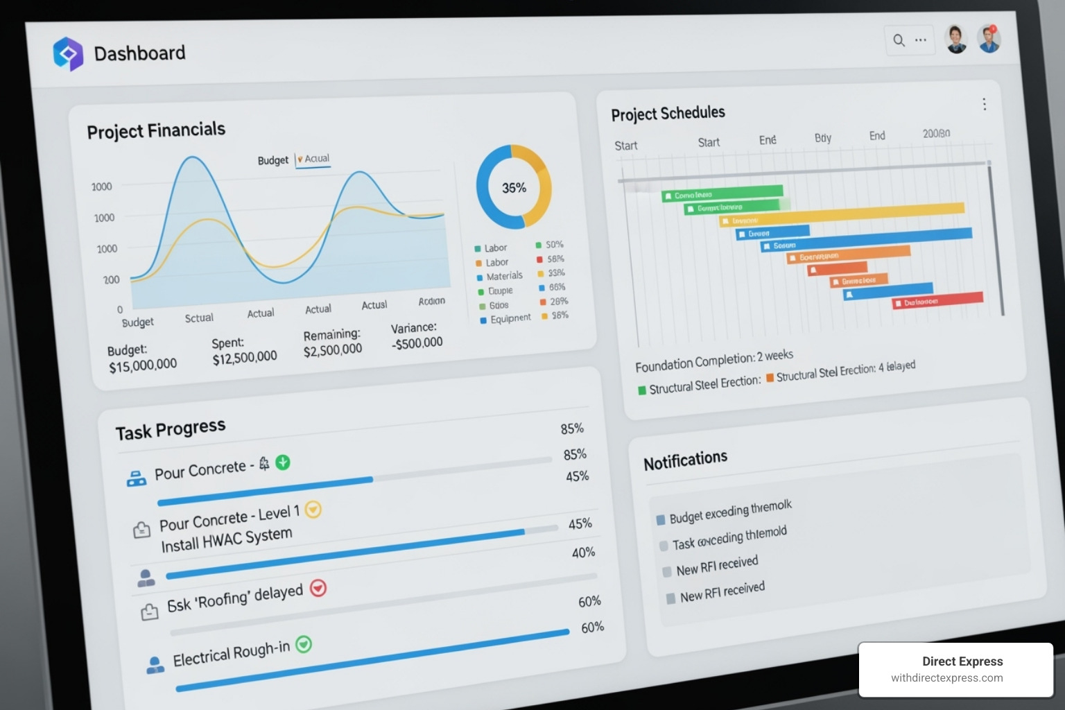 Construction software dashboard displaying project financials, schedules, and task progress in a clean, intuitive layout - construction project software solutions Construction software dashboard displaying project financials, schedules, and task progress in a clean, intuitive layout - construction project software solutions