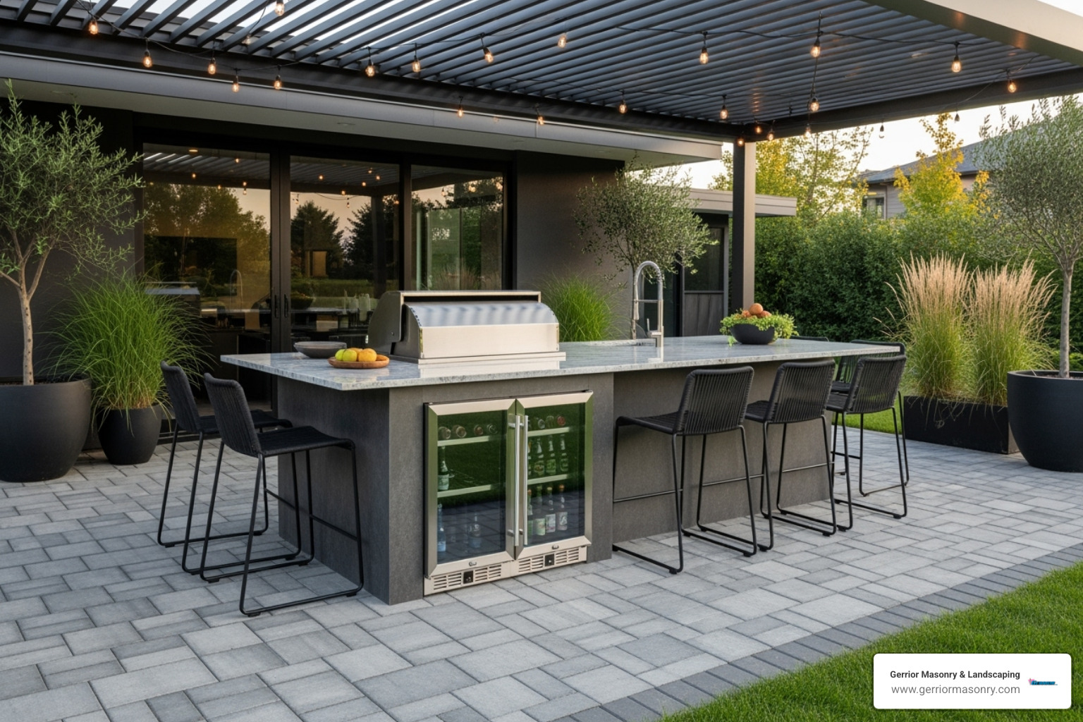 a modern outdoor kitchen on a paver patio - hardscape and landscape design a modern outdoor kitchen on a paver patio - hardscape and landscape design
