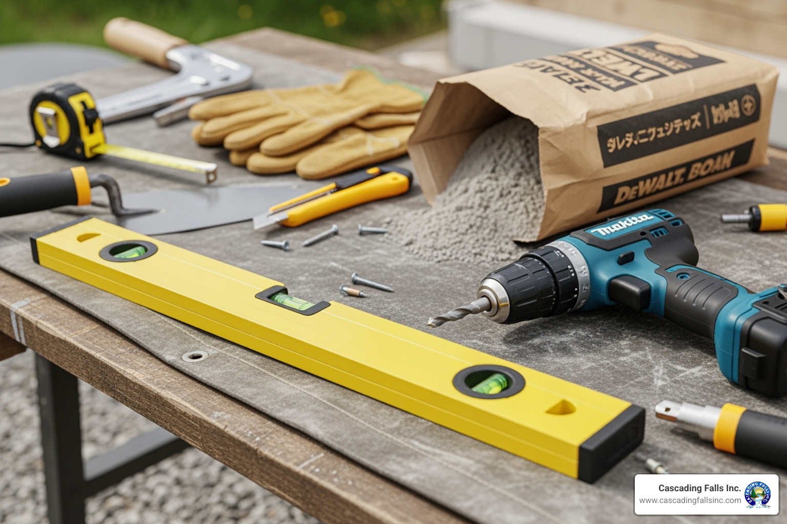 Tools and equipment laid out for installation, including a level, drill, and concrete mix - shade structure installation