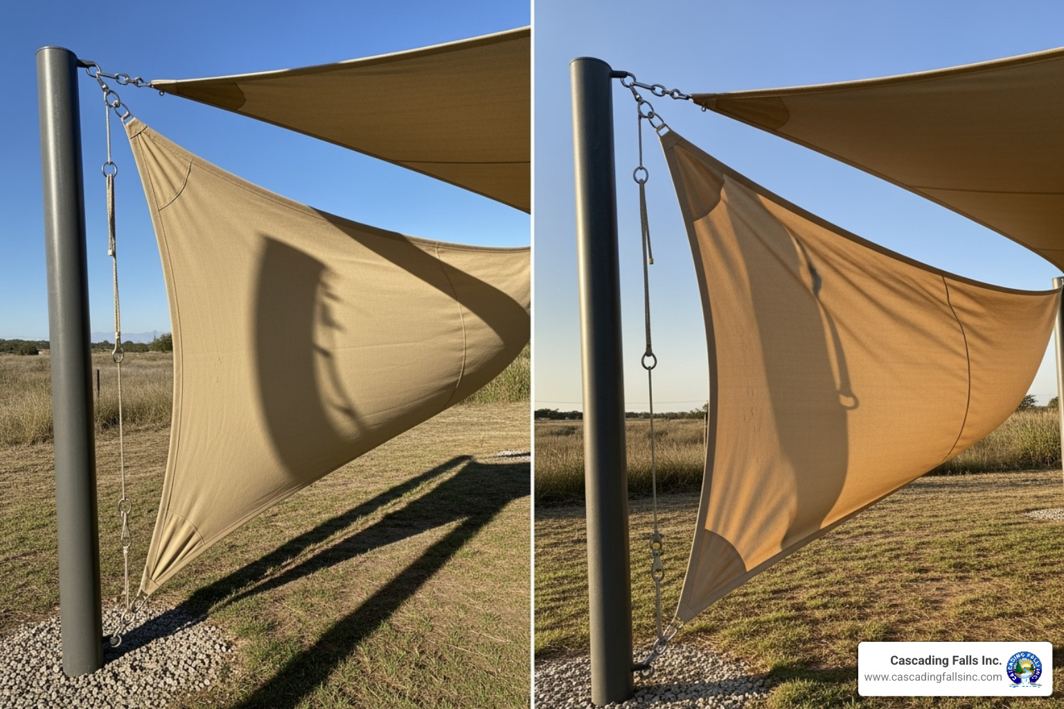 Properly tensioned shade sail corner vs. a sagging one - shade structure installation
