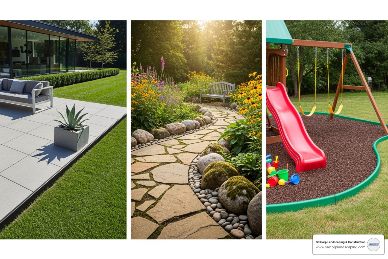 Different edging styles in various garden settings: metal around a modern patio, stone around a rustic garden, plastic around a play area. - landscape edging for mulch