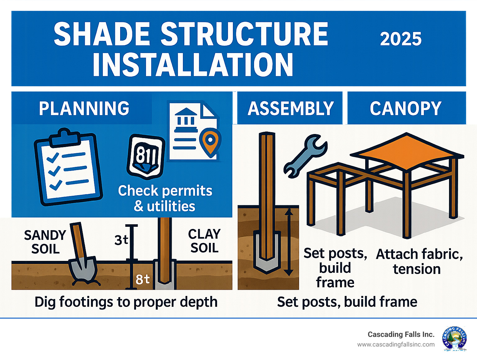 Comprehensive shade structure installation process infographic showing planning phase with permit requirements and utility marking, foundation preparation with proper footing depths for different soil types, assembly steps including post setting and frame construction, and final canopy installation with tensioning techniques - shade structure installation infographic 