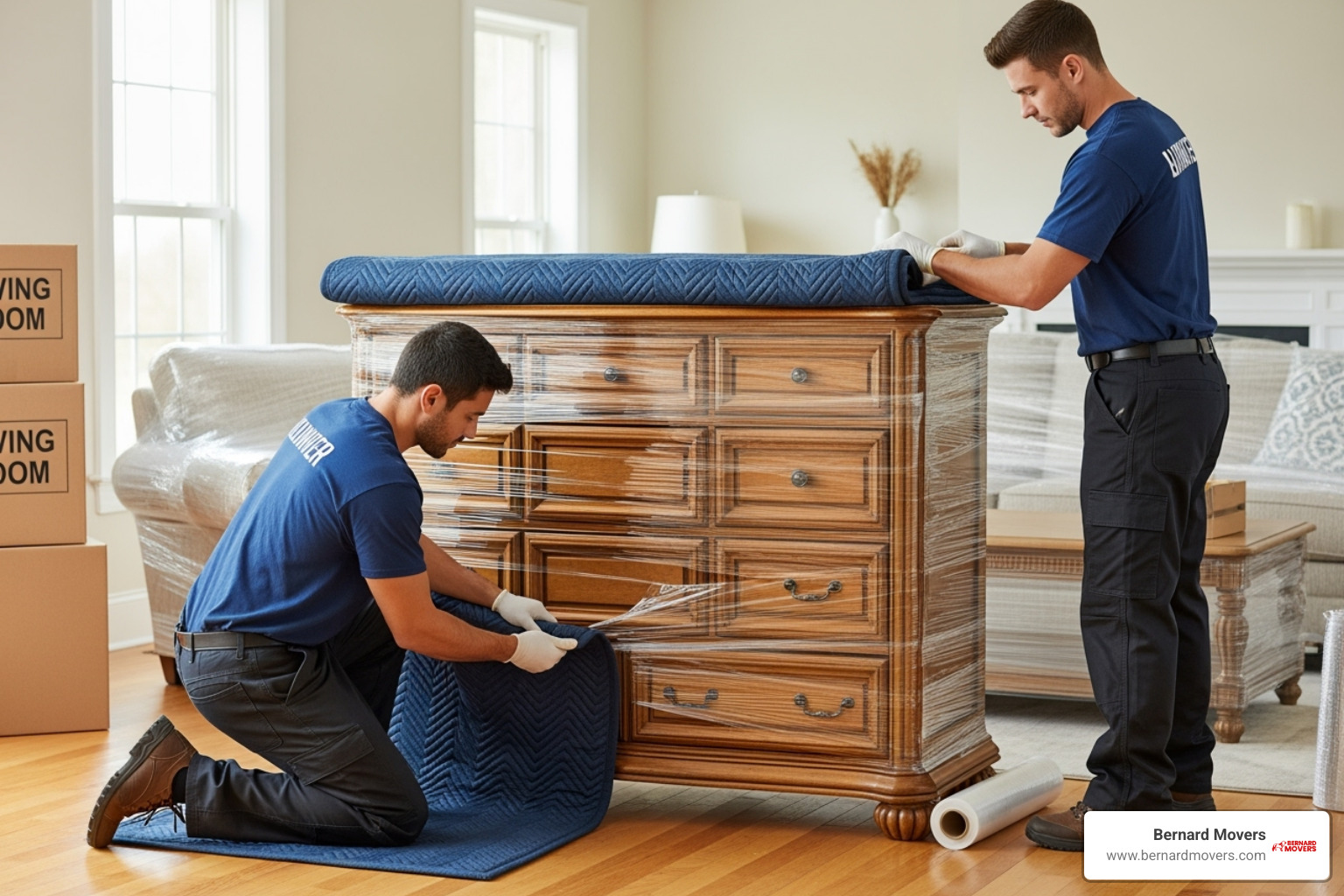 professional movers carefully wrapping furniture - local and interstate removals