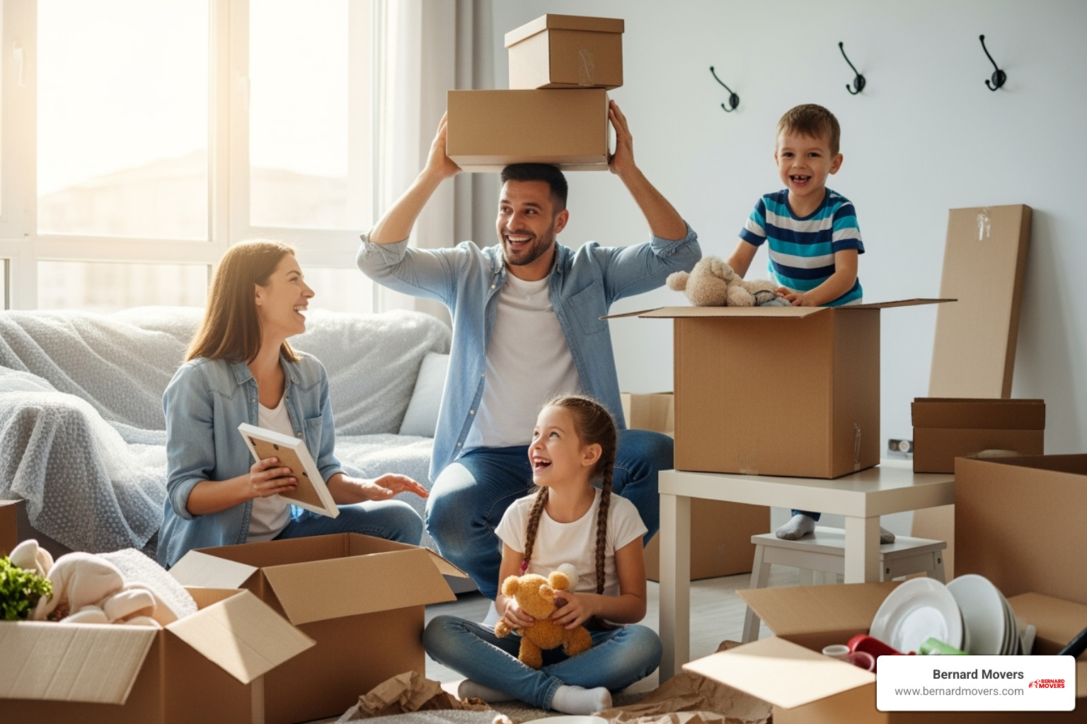 a family happily unpacking boxes in their new home - local and interstate removals
