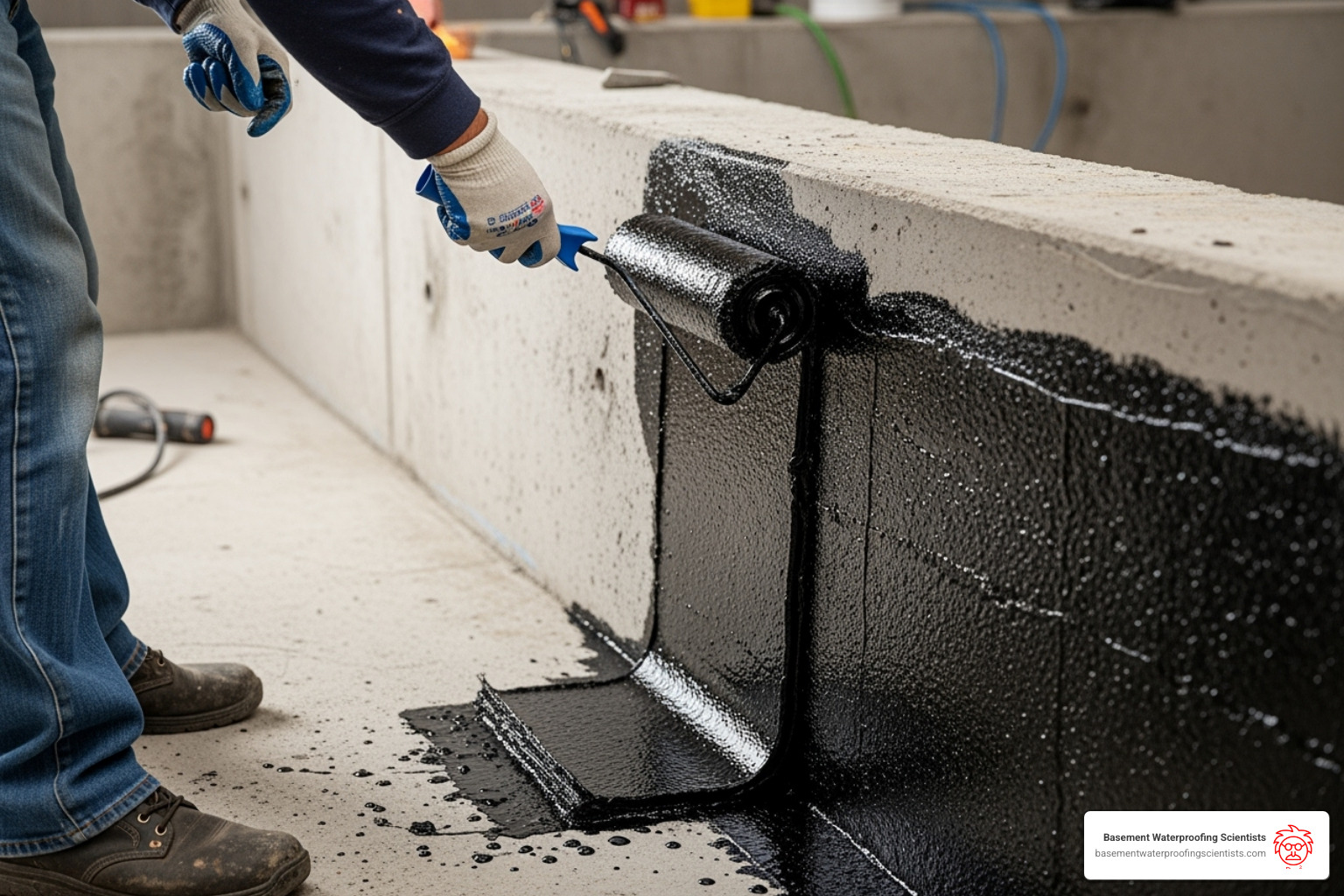 A person applying liquid rubber sealant to a concrete foundation wall with a roller - best foundation sealant