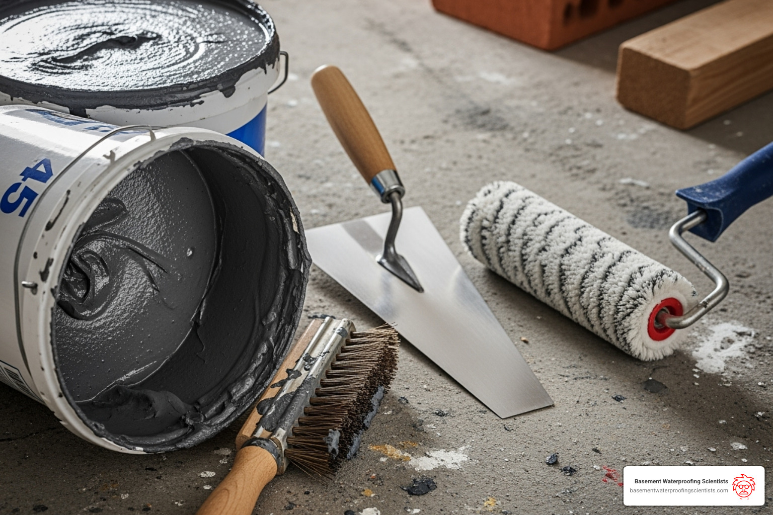 Tools needed for sealant application including a wire brush, trowel, roller, and sealant container - best foundation sealant