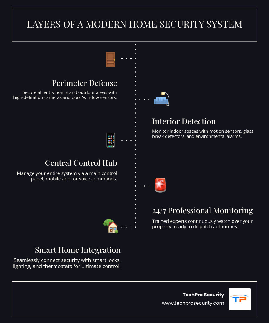 Comprehensive breakdown of modern home security system layers including perimeter cameras, door sensors, motion detectors, control panel, and 24/7 monitoring center connection - home security system boca raton infographic infographic-line-5-steps-dark